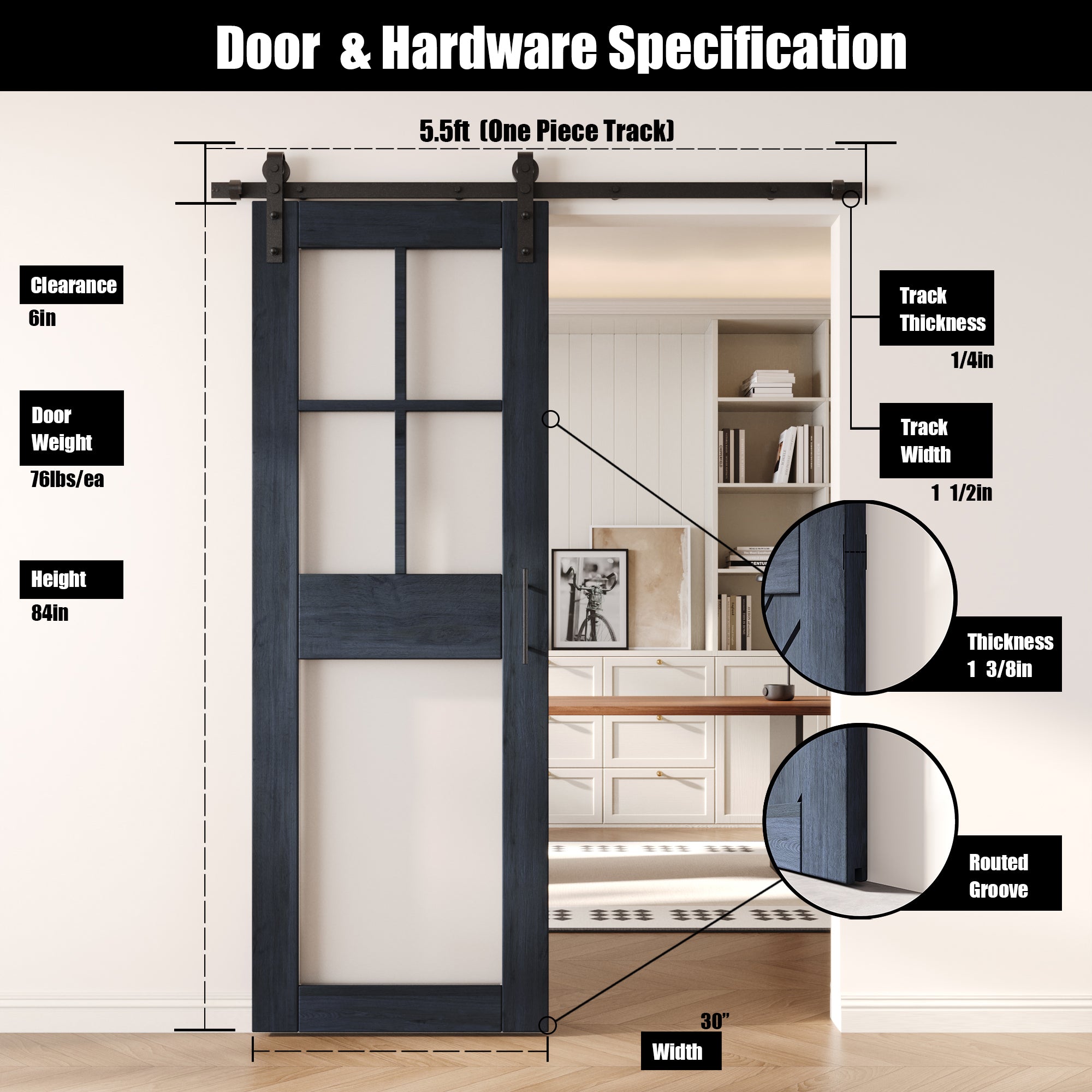 84" Height Navy 5-Lite Frosted Glass Unassembled & Finished Pine Wood Barn Door with Non-Bypass Installation Hardware Kit (Interior Use Only)