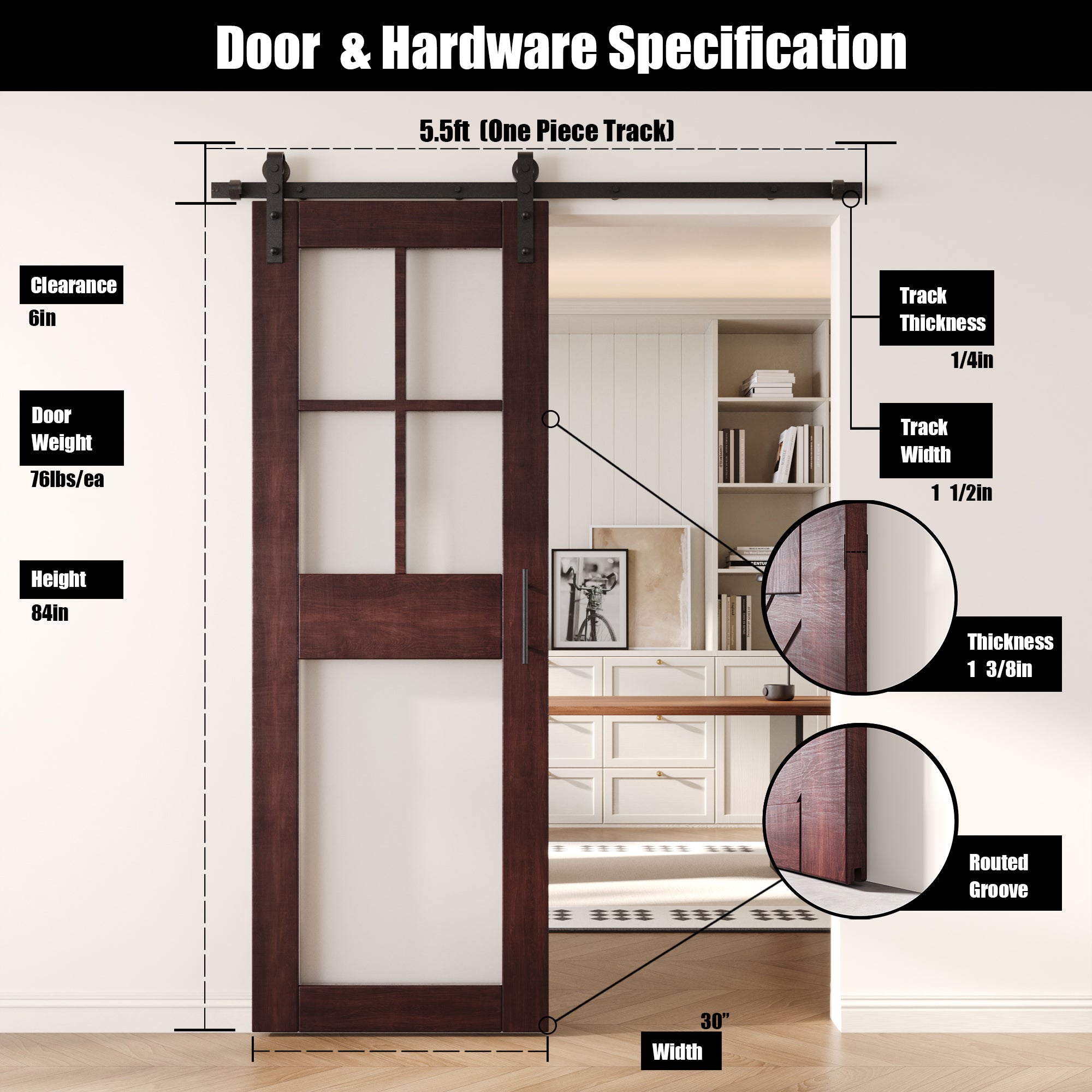 84" Height Red Mahogany 5-Lite Frosted Glass Unassembled & Finished Pine Wood Barn Door with Non-Bypass Installation Hardware Kit (Interior Use Only)
