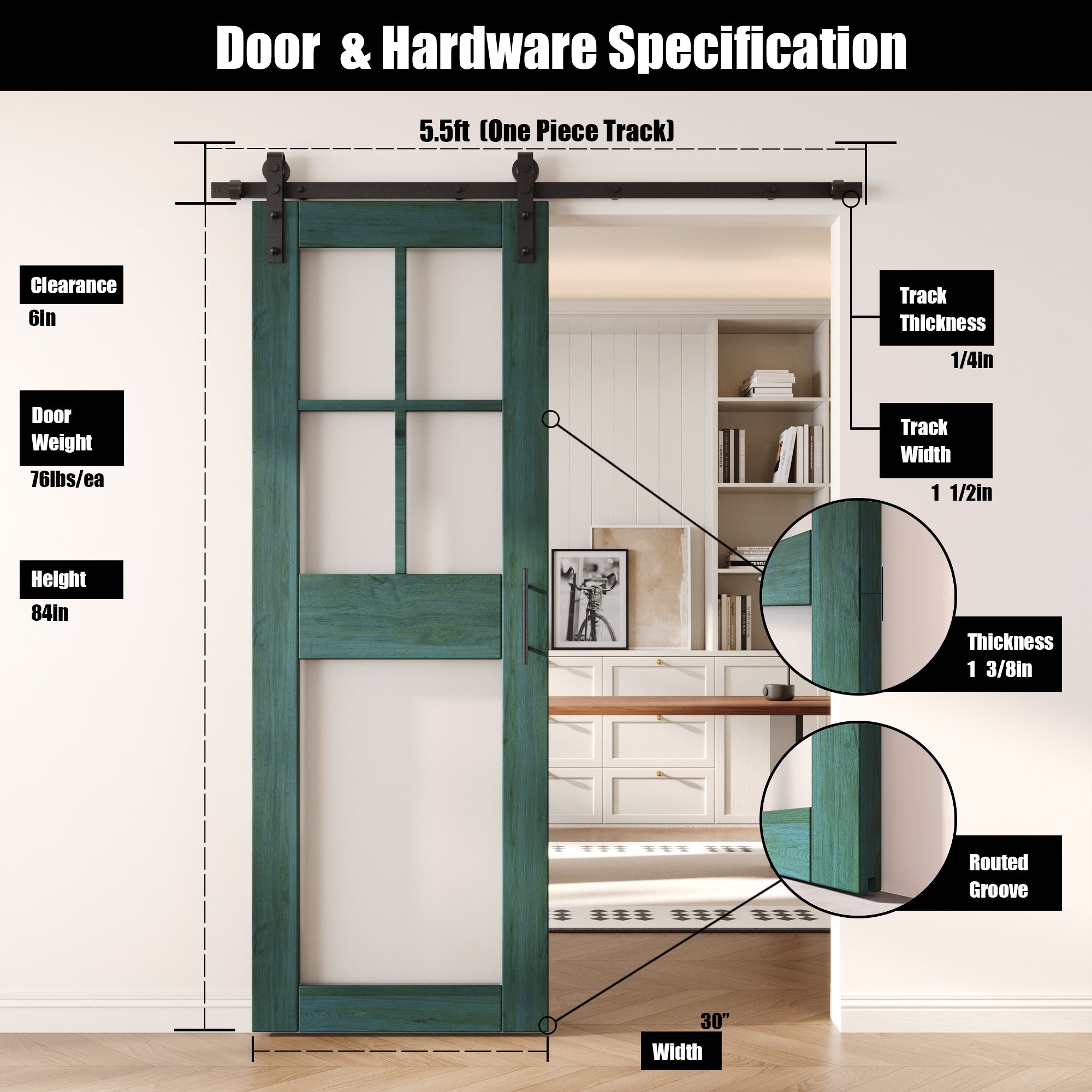84" Height Royal Pine 5-Lite Frosted Glass Unassembled & Finished Pine Wood Barn Door with Non-Bypass Installation Hardware Kit (Interior Use Only)