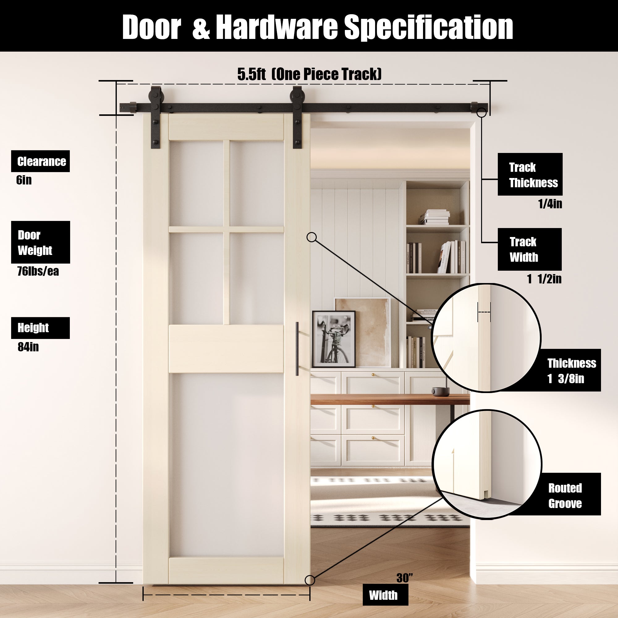 84" Height Tinsmith Gray 5-Lite Frosted Glass Unassembled & Finished Pine Wood Barn Door with Non-Bypass Installation Hardware Kit (Interior Use Only)