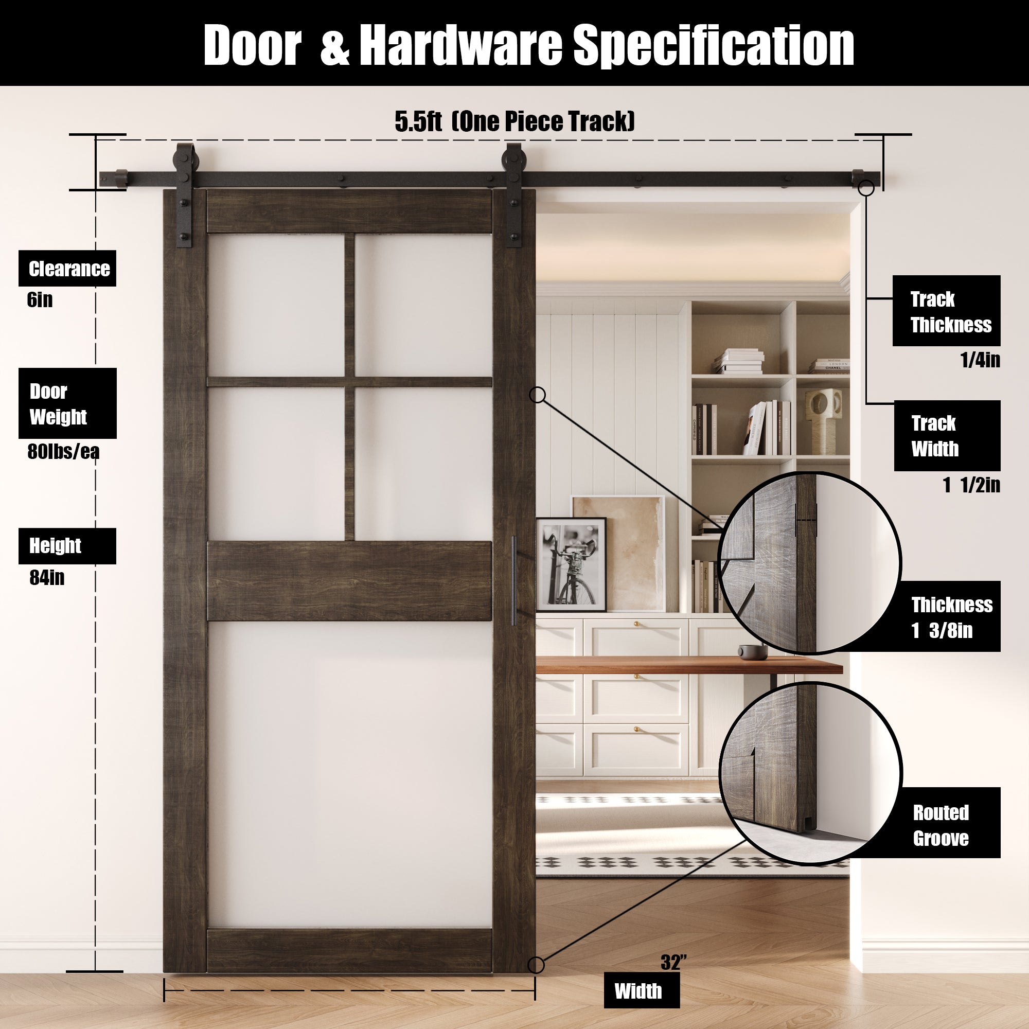 84" Height Ebony 5-Lite Frosted Glass Unassembled & Finished Pine Wood Barn Door with Non-Bypass Installation Hardware Kit (Interior Use Only)