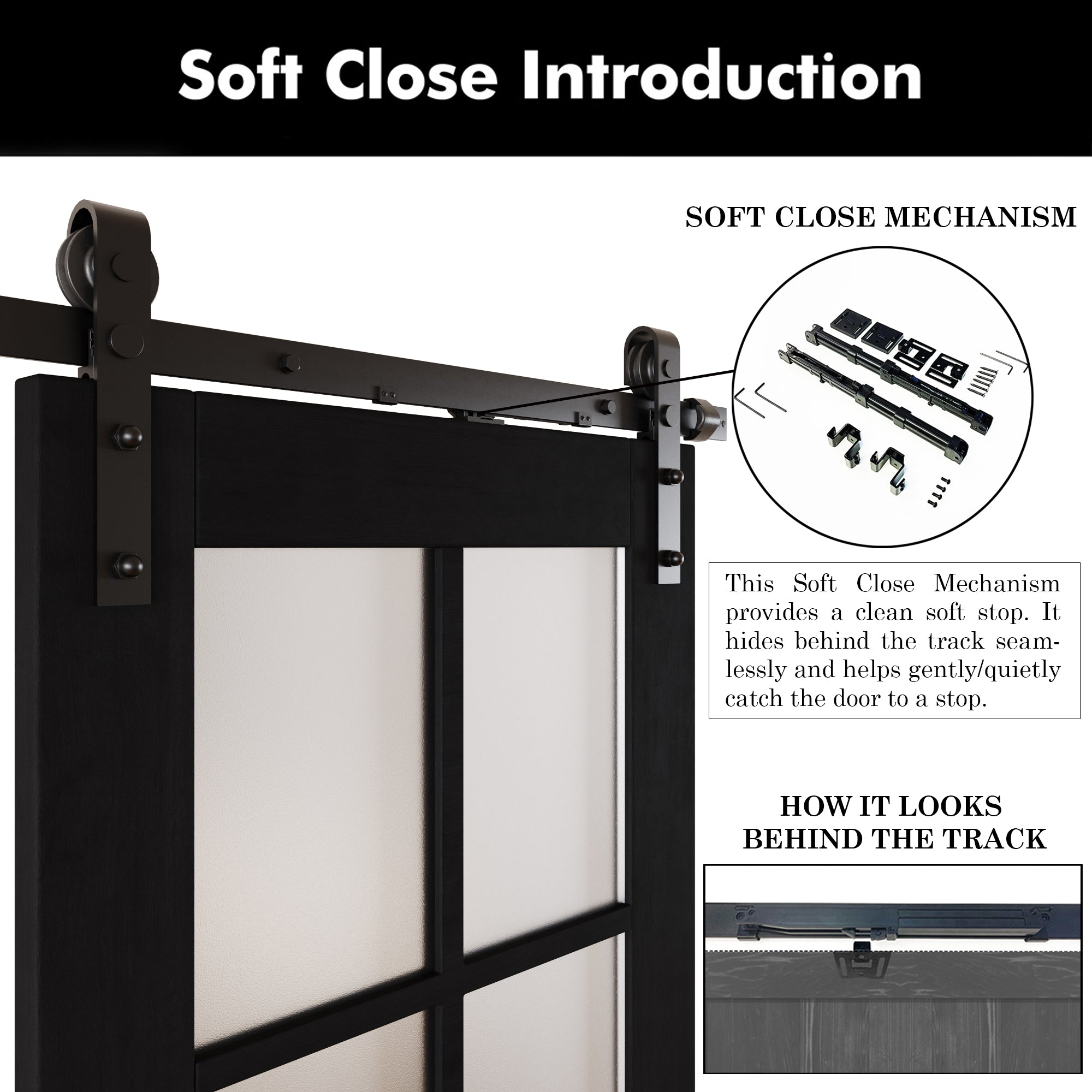 80" Height Black 5-Lite Frosted Glass Unassembled & Finished Pine Wood Barn Door with Non-Bypass Installation Hardware Kit (Interior Use Only)