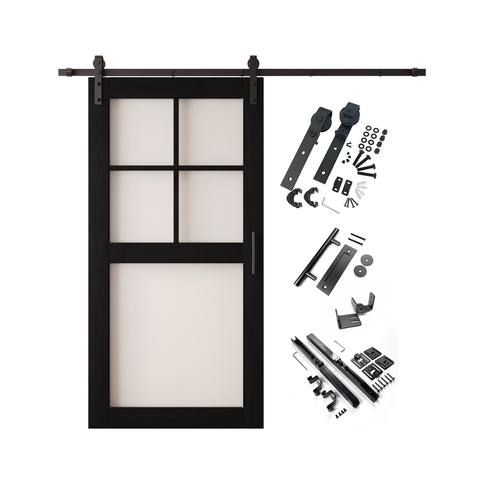 80" Height Black 5-Lite Frosted Glass Unassembled & Finished Pine Wood Barn Door with Non-Bypass Installation Hardware Kit (Interior Use Only)