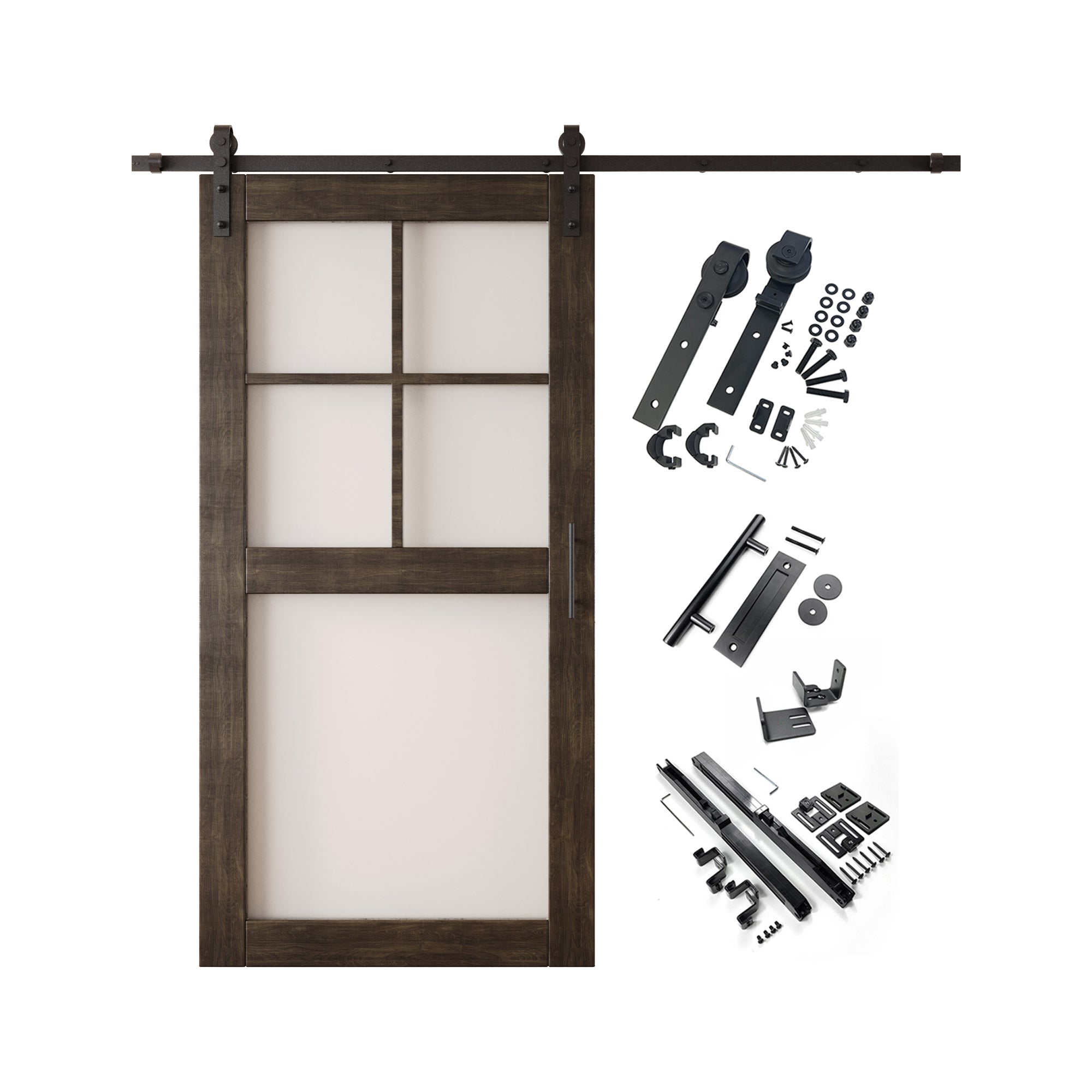80" Height Ebony 5-Lite Frosted Glass Unassembled & Finished Pine Wood Barn Door with Non-Bypass Installation Hardware Kit (Interior Use Only)