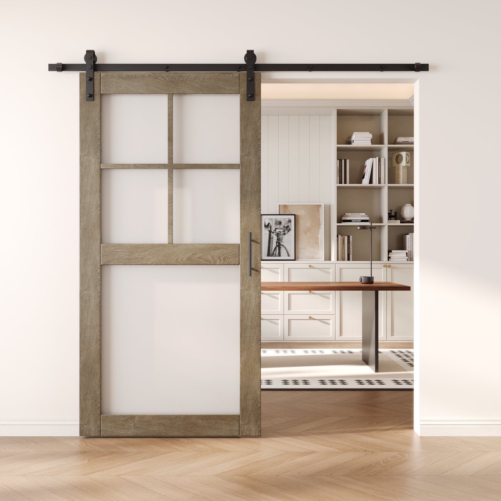 80" Height Classic Gray 5-Lite Frosted Glass Unassembled & Finished Pine Wood Barn Door with Non-Bypass Installation Hardware Kit (Interior Use Only)