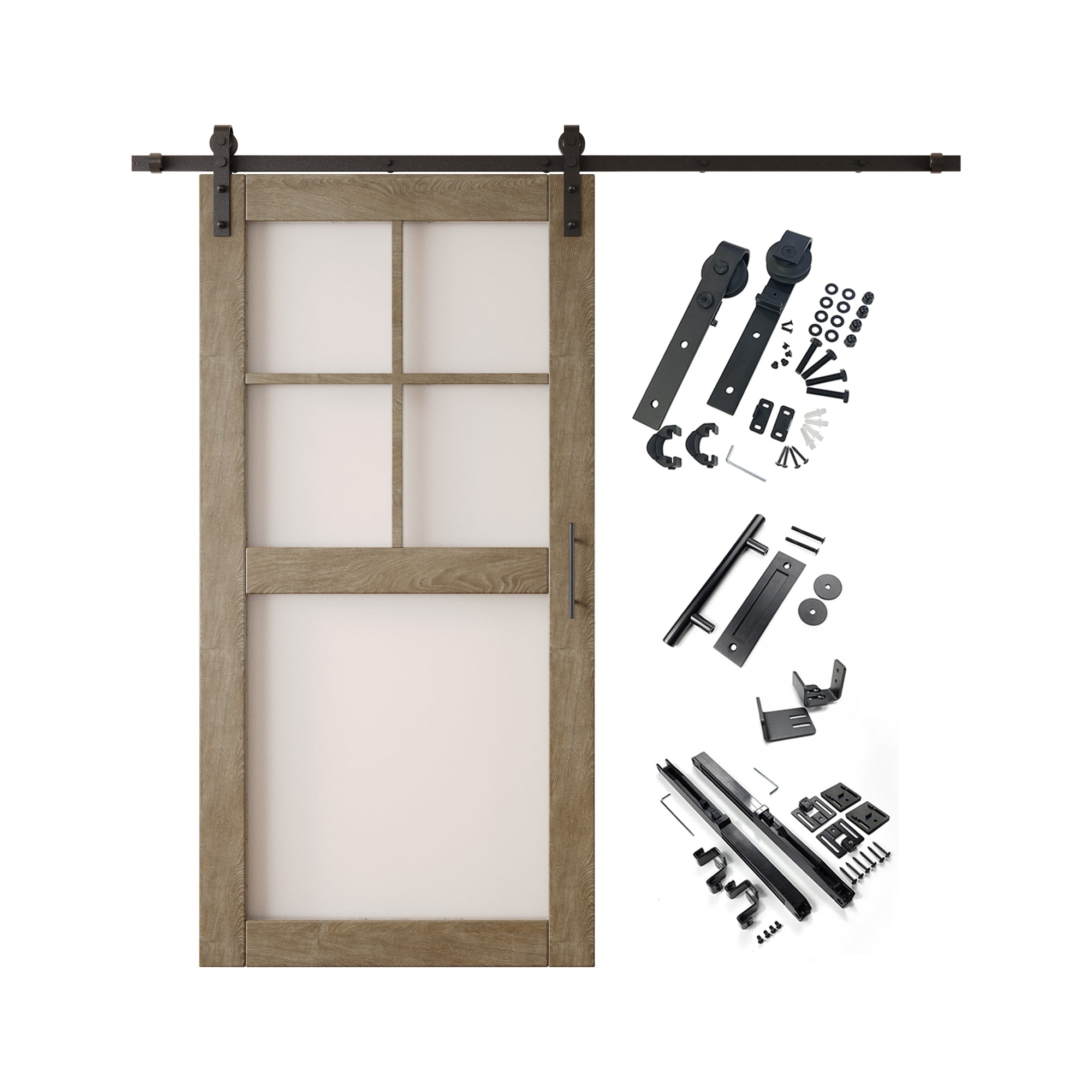 80" Height Classic Gray 5-Lite Frosted Glass Unassembled & Finished Pine Wood Barn Door with Non-Bypass Installation Hardware Kit (Interior Use Only)