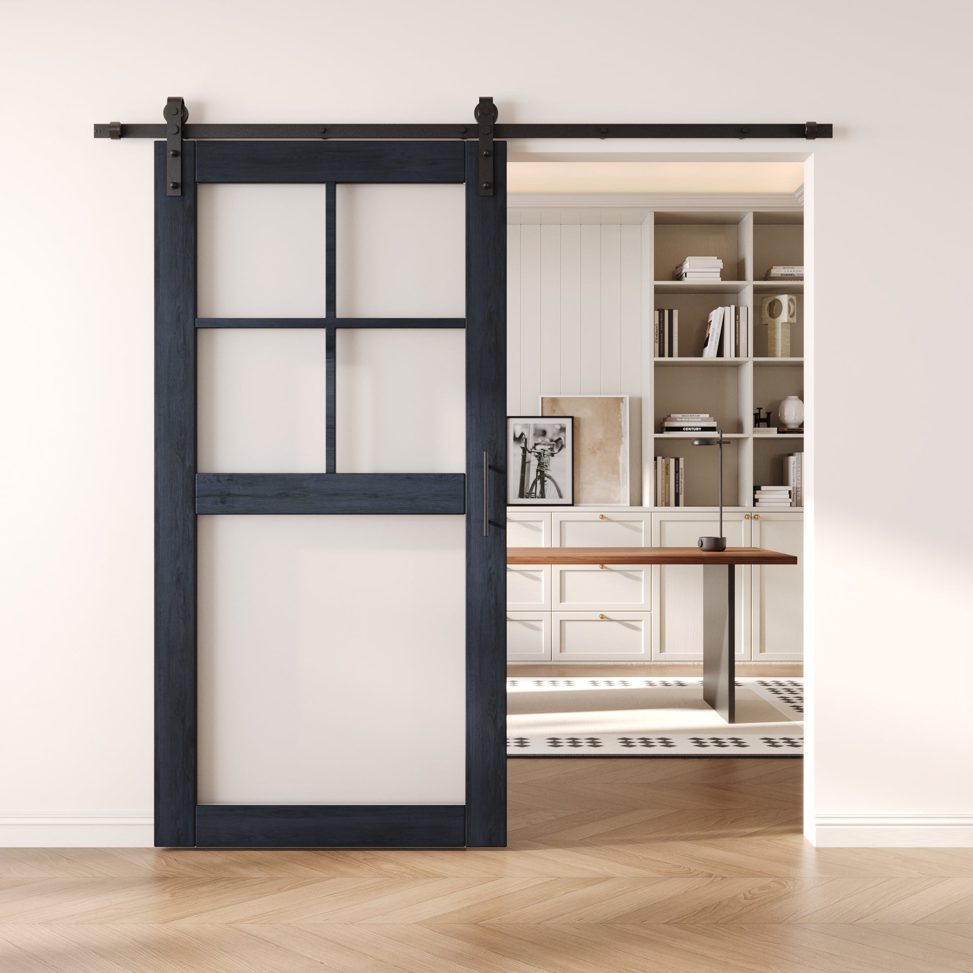 80" Height Navy 5-Lite Frosted Glass Unassembled & Finished Pine Wood Barn Door with Non-Bypass Installation Hardware Kit (Interior Use Only)