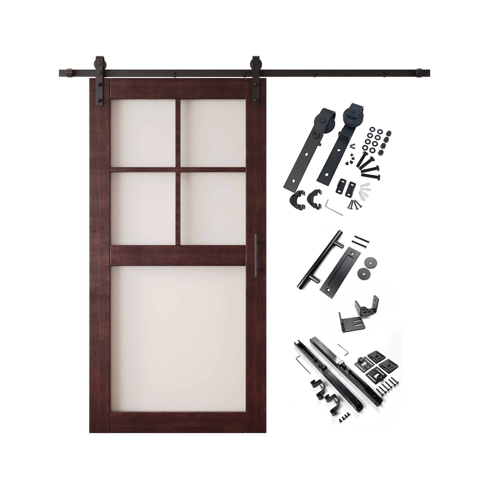 80" Height Red Mahogany 5-Lite Frosted Glass Unassembled & Finished Pine Wood Barn Door with Non-Bypass Installation Hardware Kit (Interior Use Only)