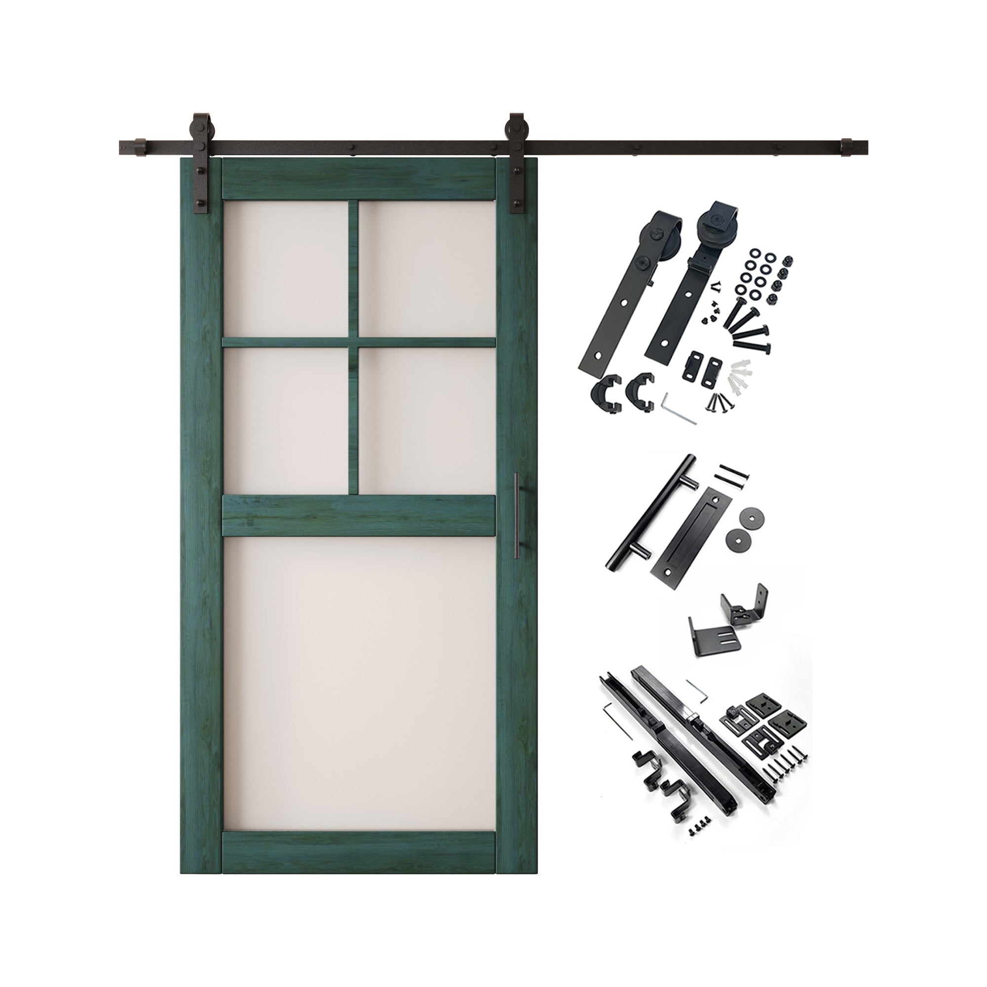 80" Height Royal Pine 5-Lite Frosted Glass Unassembled & Finished Pine Wood Barn Door with Non-Bypass Installation Hardware Kit (Interior Use Only)