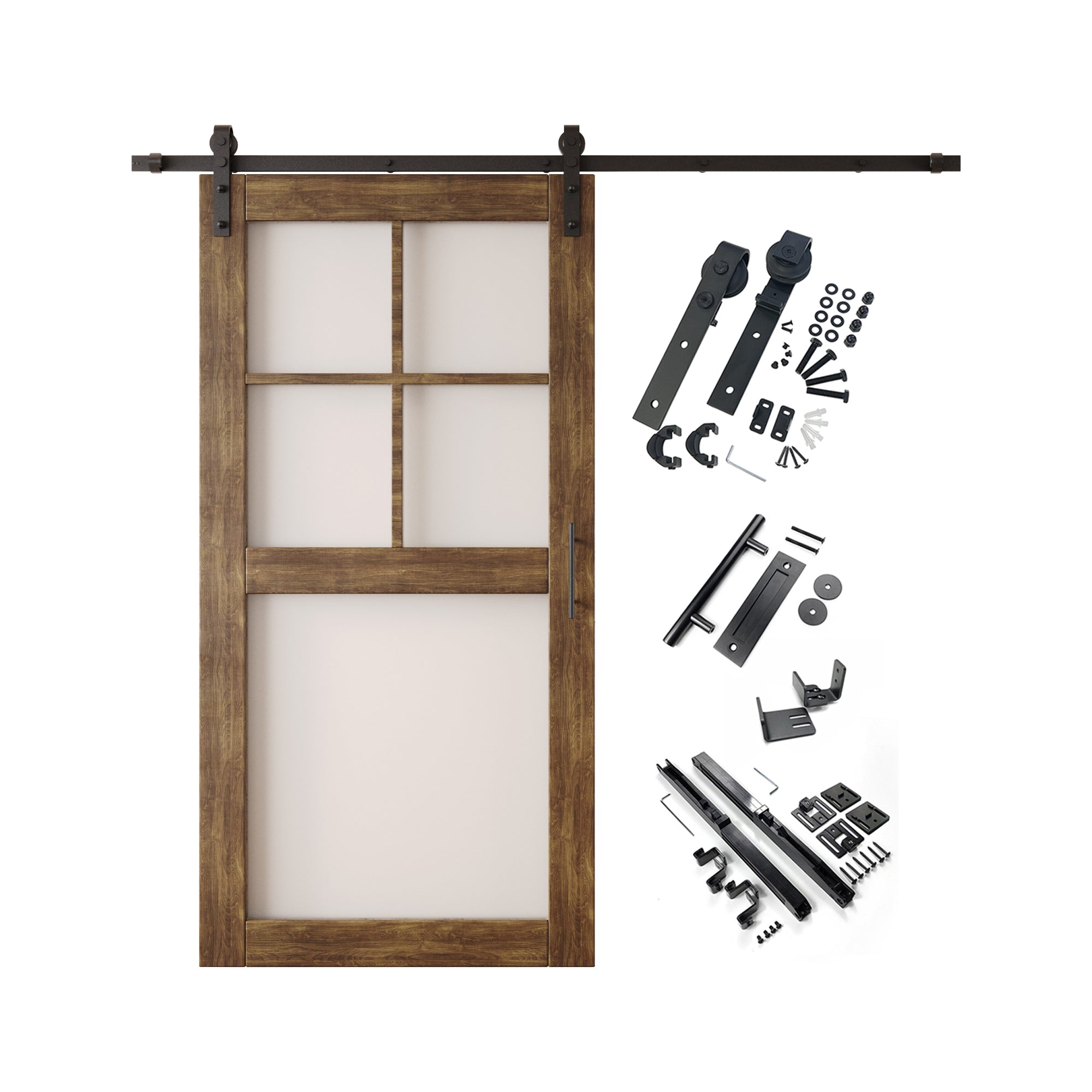 80" Height Dark Walnut 5-Lite Frosted Glass Unassembled & Finished Pine Wood Barn Door with Non-Bypass Installation Hardware Kit (Interior Use Only)