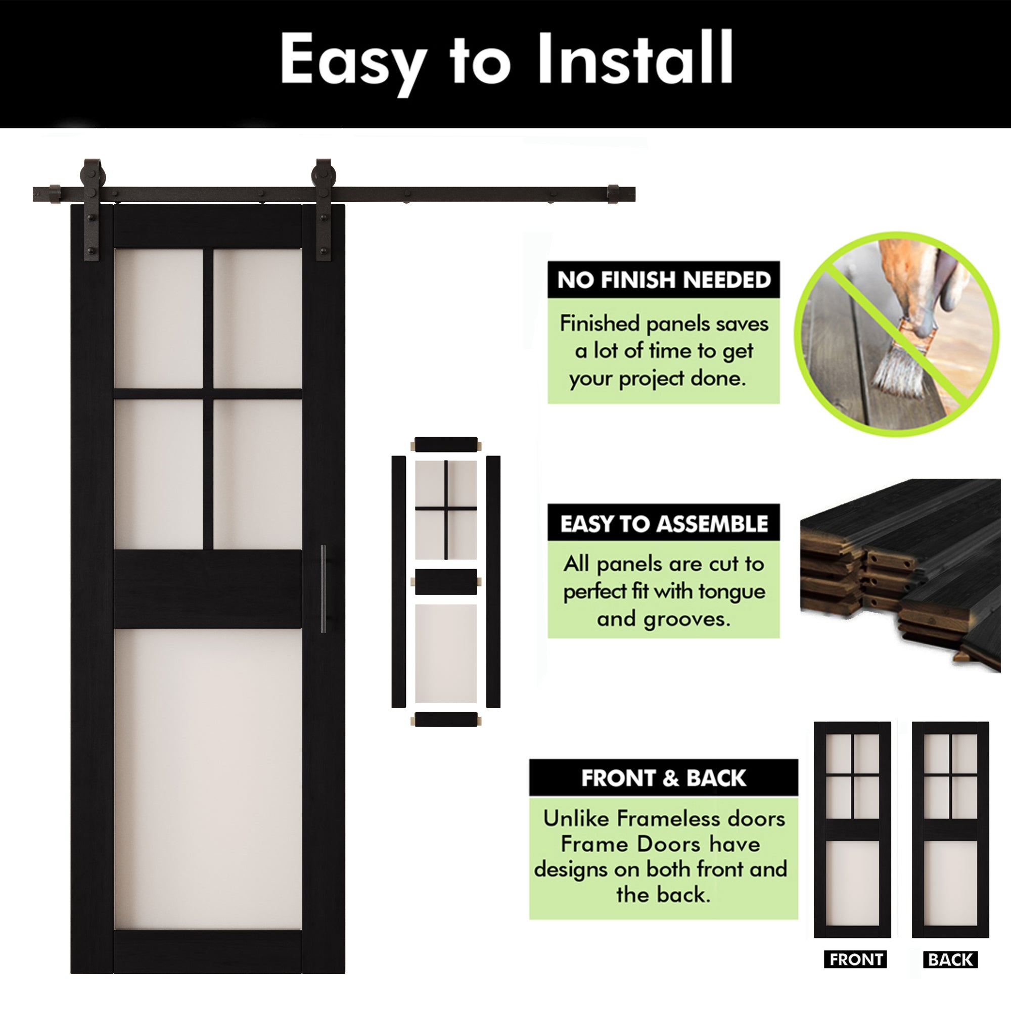 84" Height Black 5-Lite Frosted Glass Unassembled & Finished Pine Wood Barn Door with Non-Bypass Installation Hardware Kit (Interior Use Only)