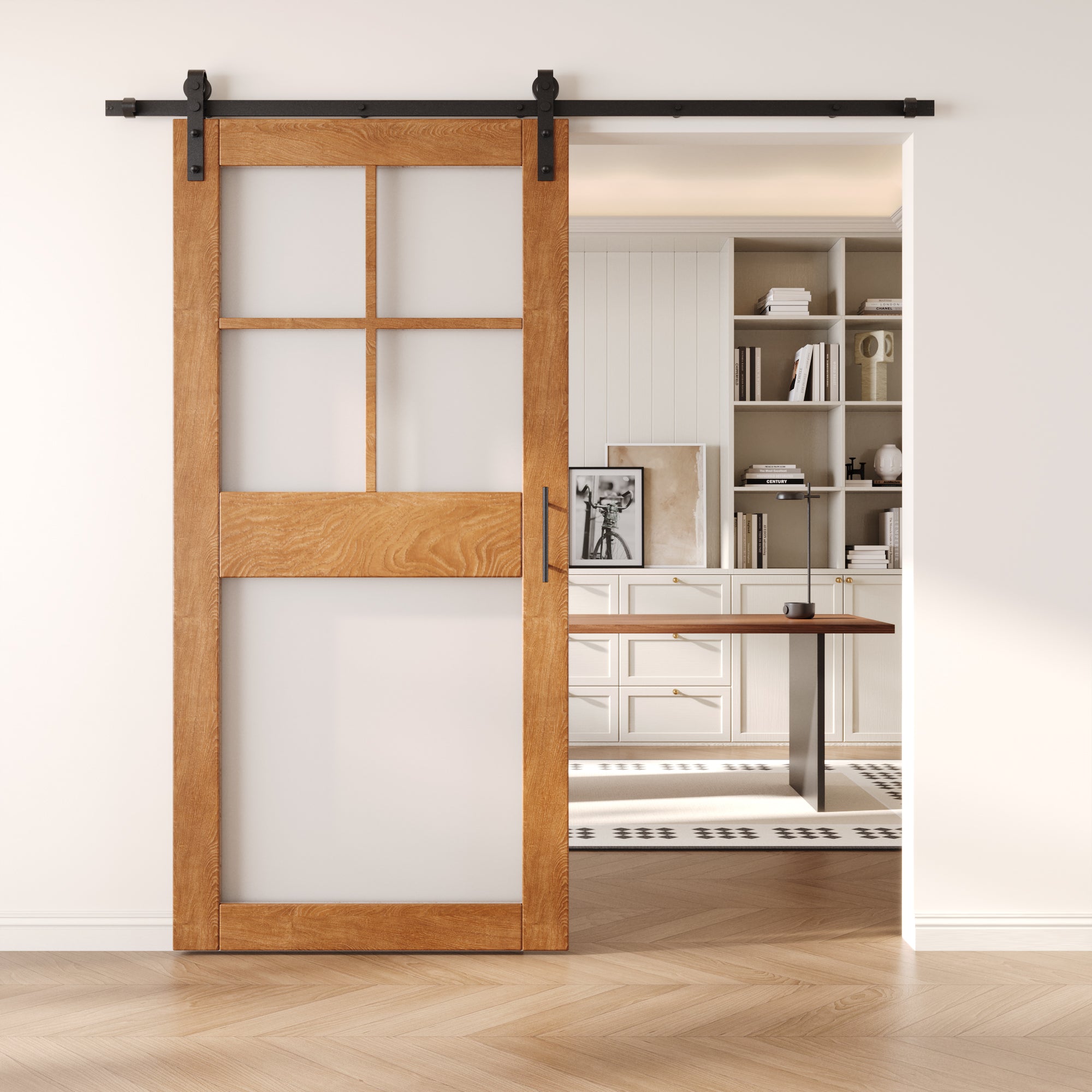 84" Height Early American 5-Lite Frosted Glass Unassembled & Finished Pine Wood Barn Door with Non-Bypass Installation Hardware Kit (Interior Use Only)