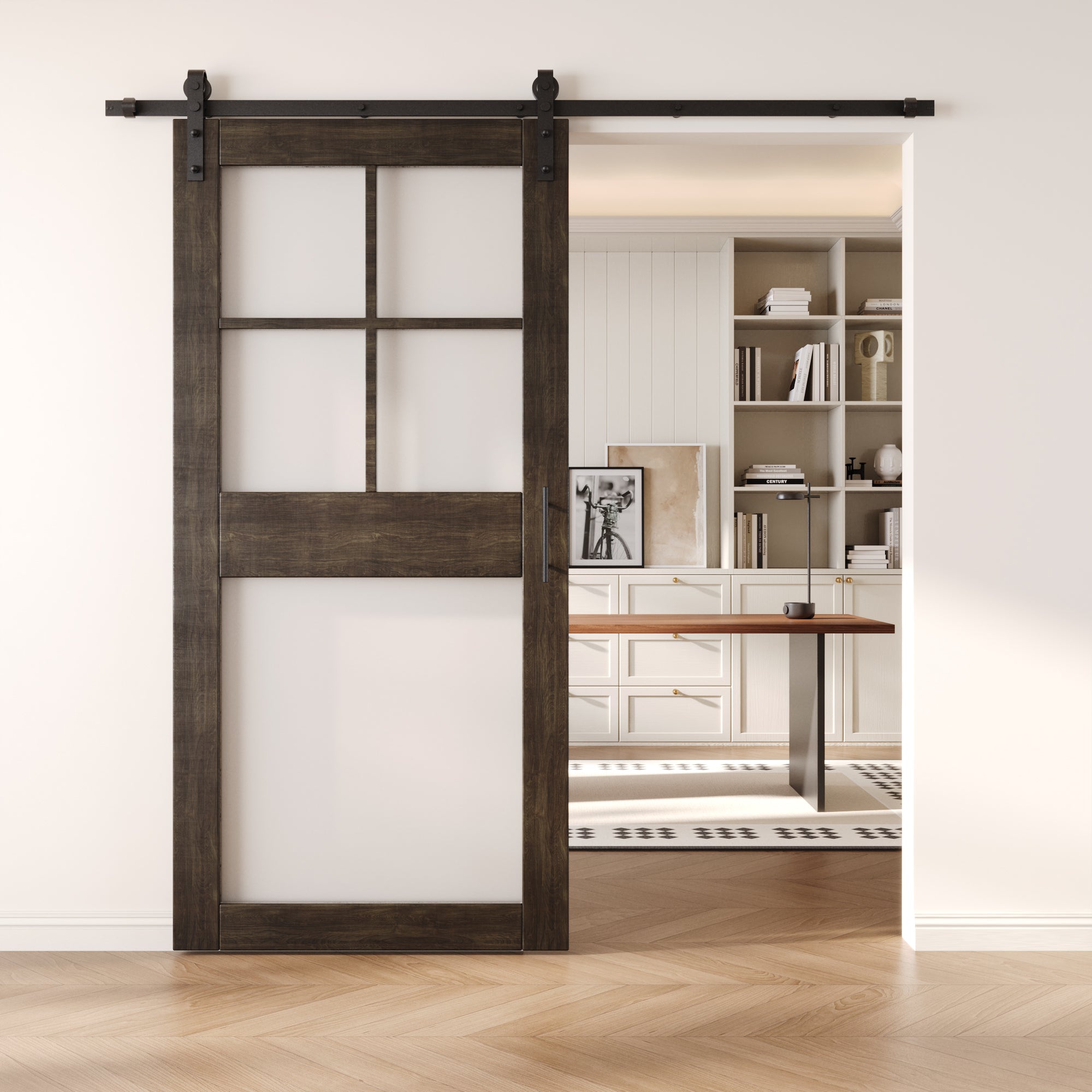 84" Height Ebony 5-Lite Frosted Glass Unassembled & Finished Pine Wood Barn Door with Non-Bypass Installation Hardware Kit (Interior Use Only)