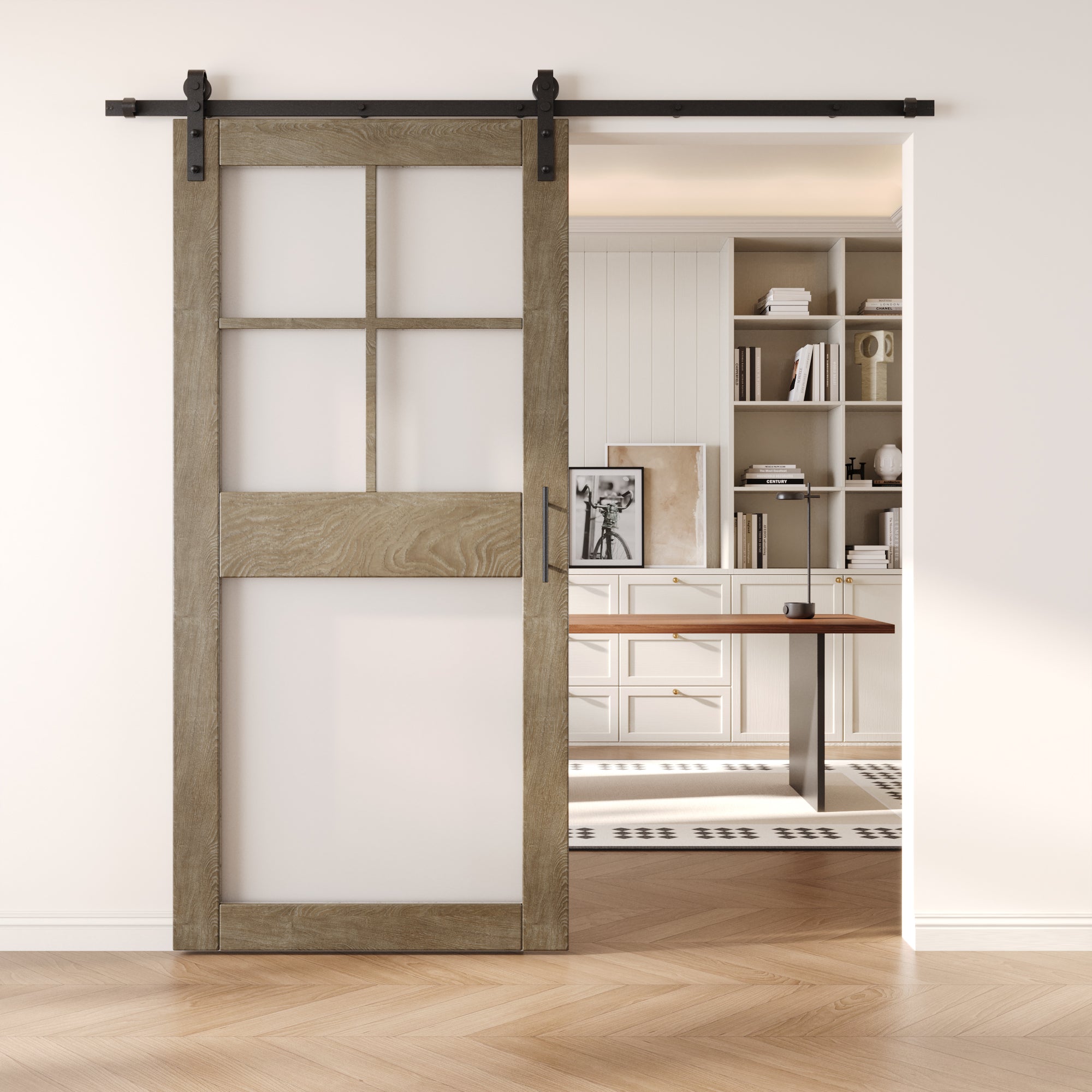 84" Height Classic Gray 5-Lite Frosted Glass Unassembled & Finished Pine Wood Barn Door with Non-Bypass Installation Hardware Kit (Interior Use Only)