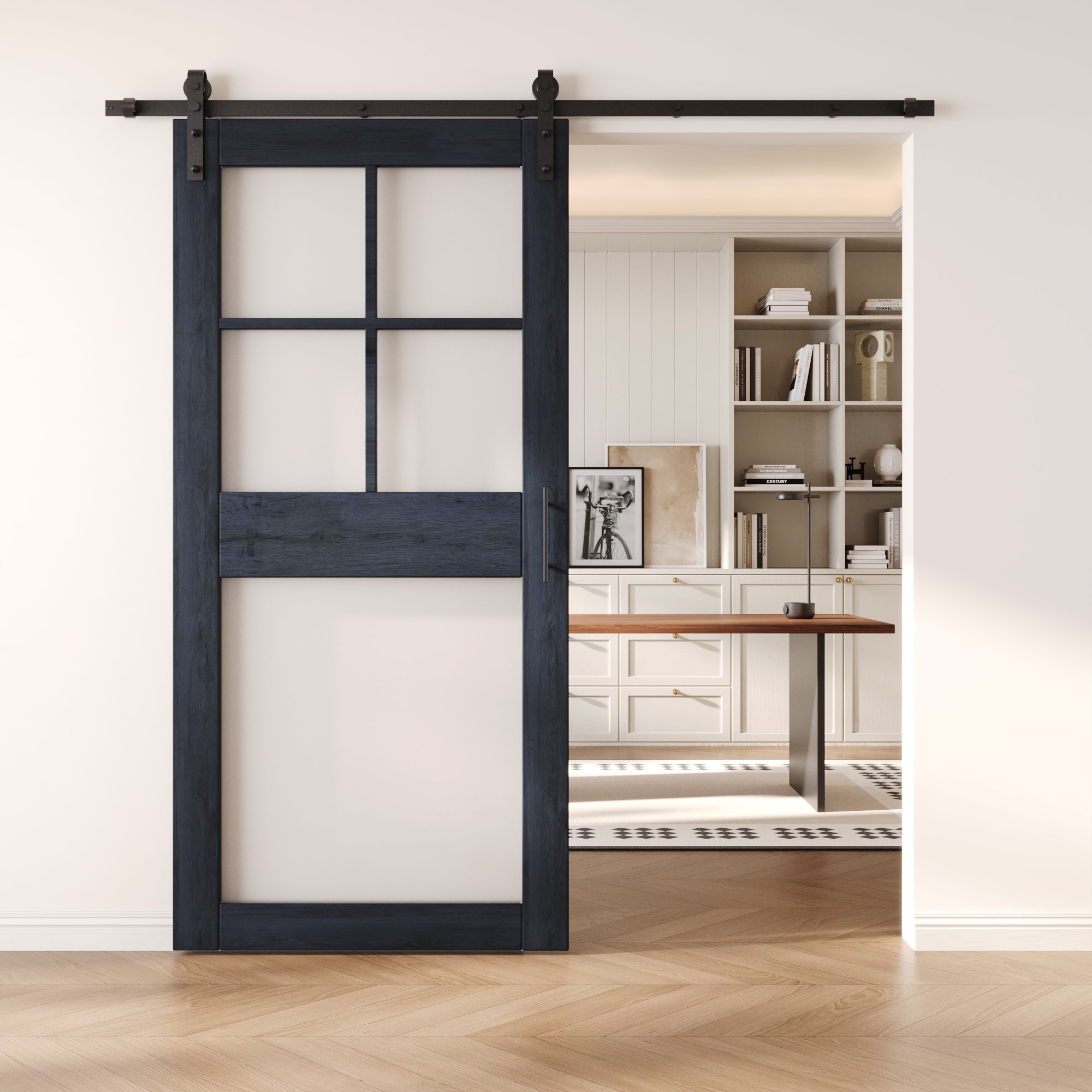 84" Height Navy 5-Lite Frosted Glass Unassembled & Finished Pine Wood Barn Door with Non-Bypass Installation Hardware Kit (Interior Use Only)