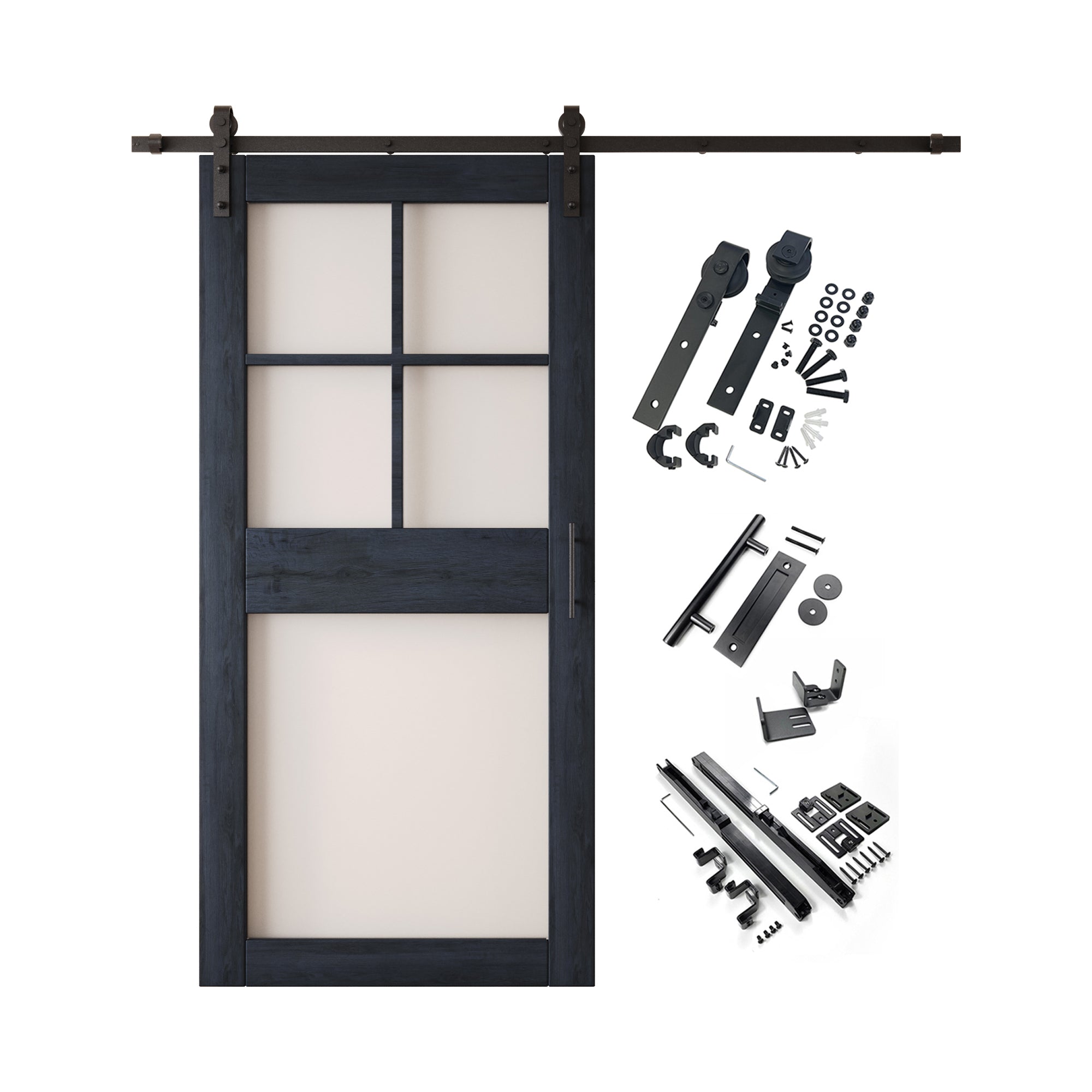 84" Height Navy 5-Lite Frosted Glass Unassembled & Finished Pine Wood Barn Door with Non-Bypass Installation Hardware Kit (Interior Use Only)
