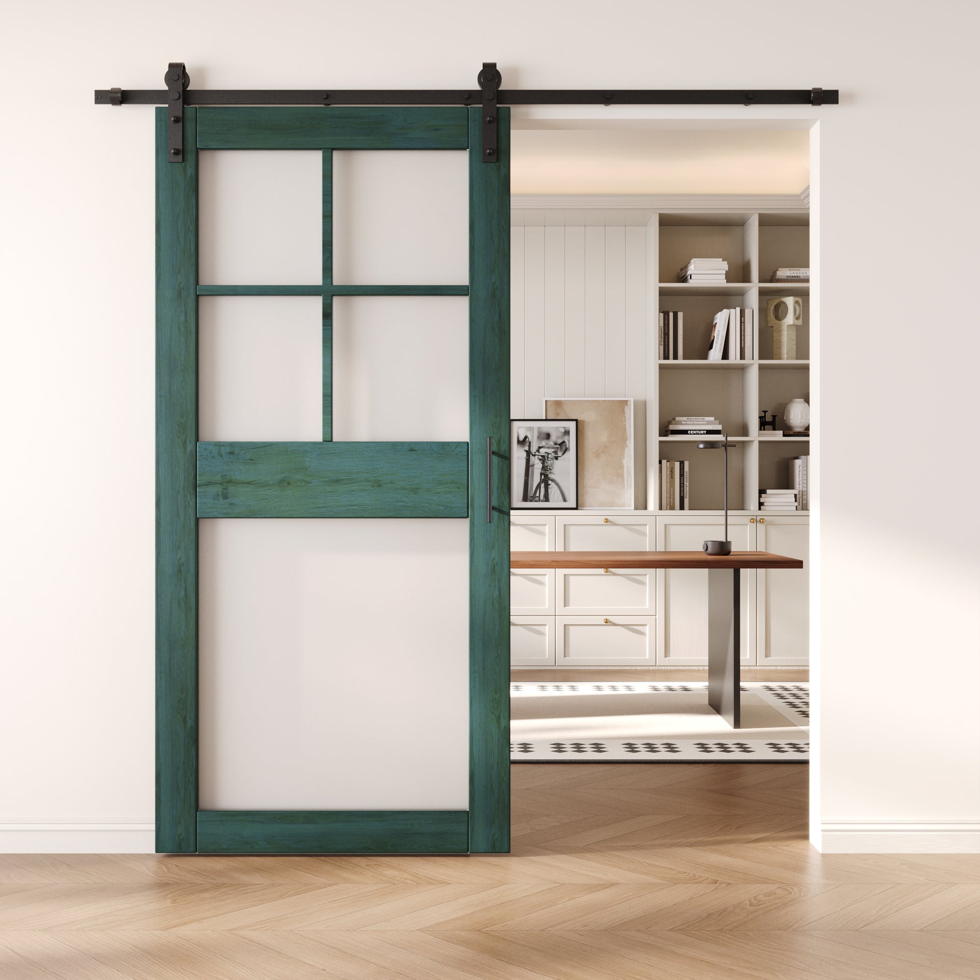 84" Height Royal Pine 5-Lite Frosted Glass Unassembled & Finished Pine Wood Barn Door with Non-Bypass Installation Hardware Kit (Interior Use Only)
