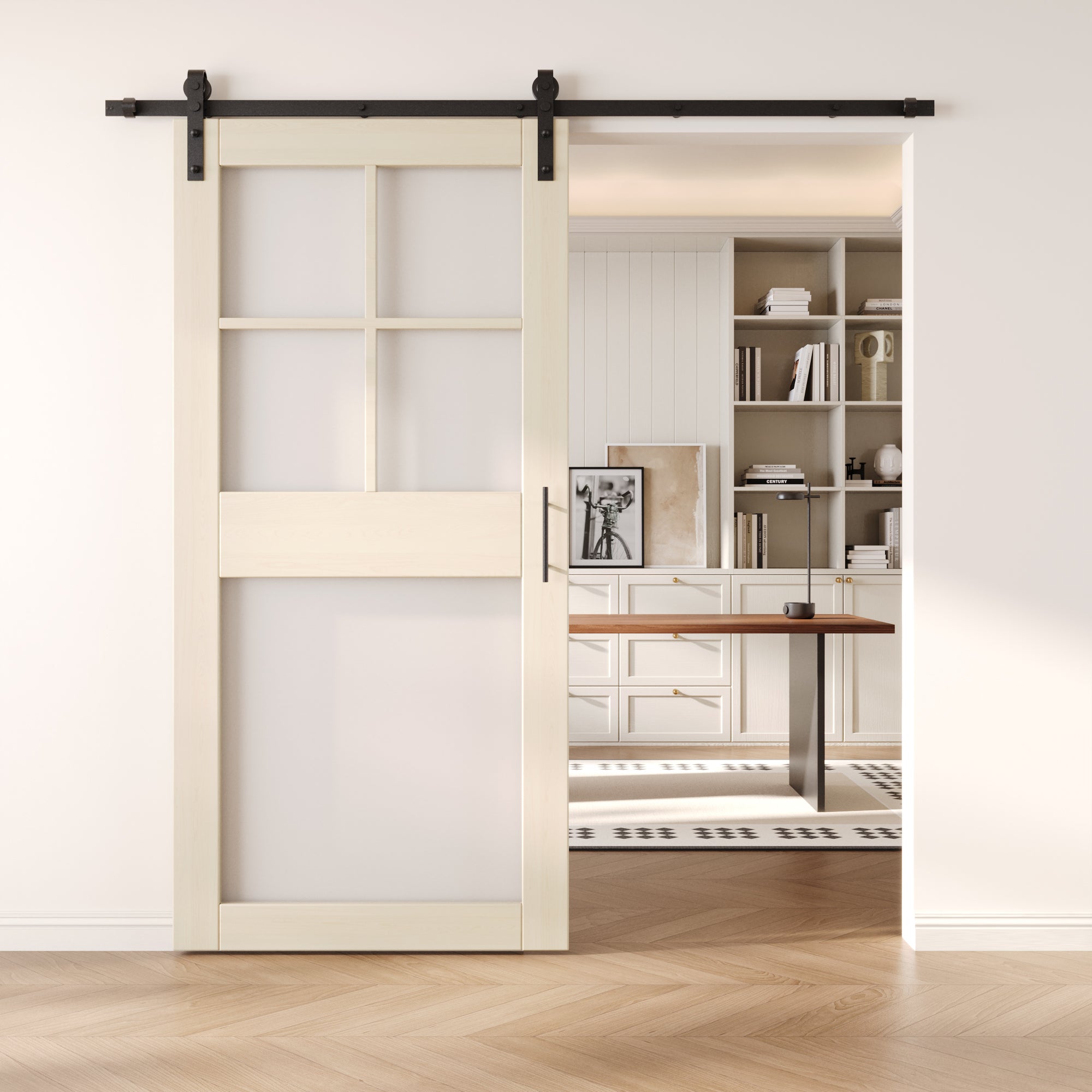 84" Height Tinsmith Gray 5-Lite Frosted Glass Unassembled & Finished Pine Wood Barn Door with Non-Bypass Installation Hardware Kit (Interior Use Only)