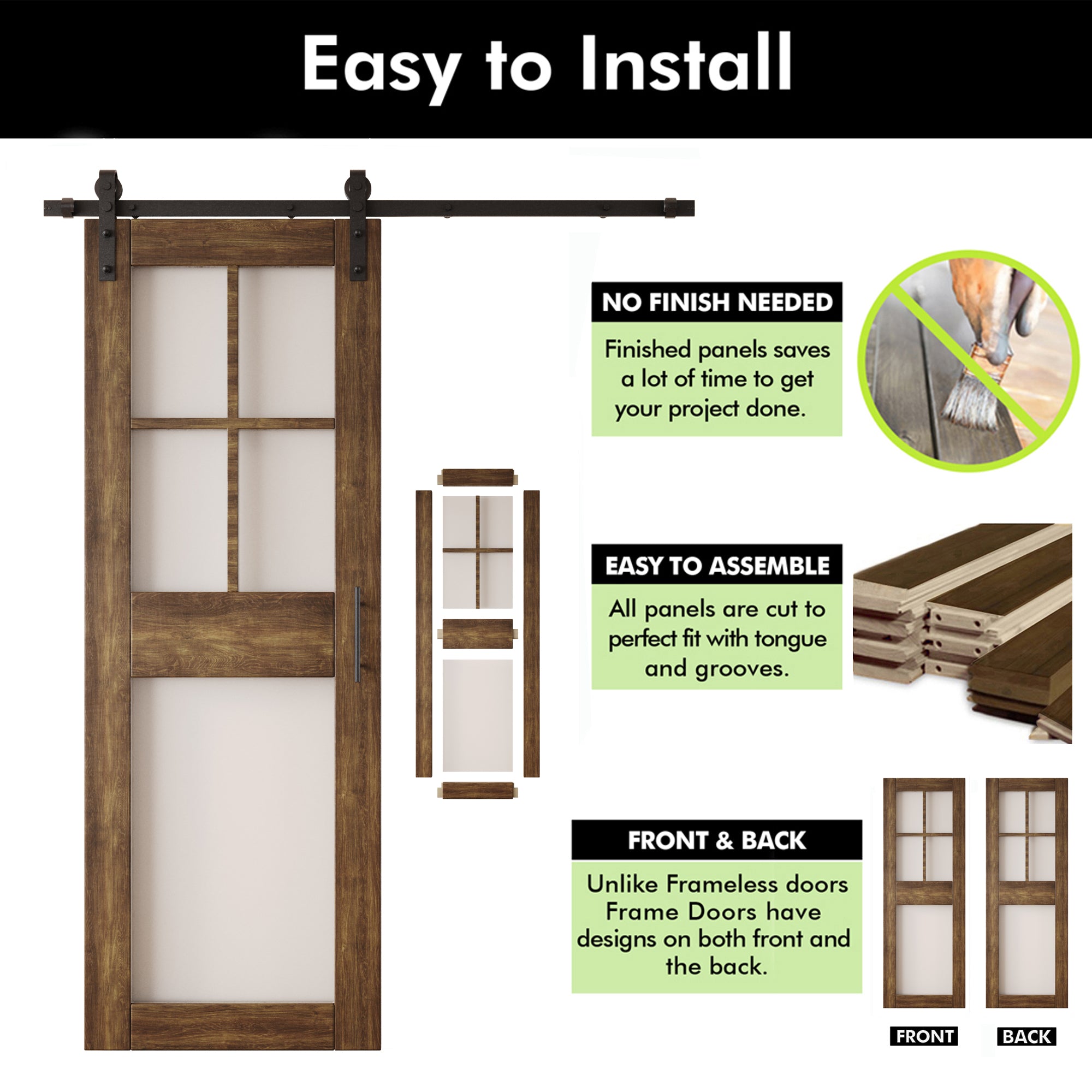 84" Height Dark Walnut 5-Lite Frosted Glass Unassembled & Finished Pine Wood Barn Door with Non-Bypass Installation Hardware Kit (Interior Use Only)