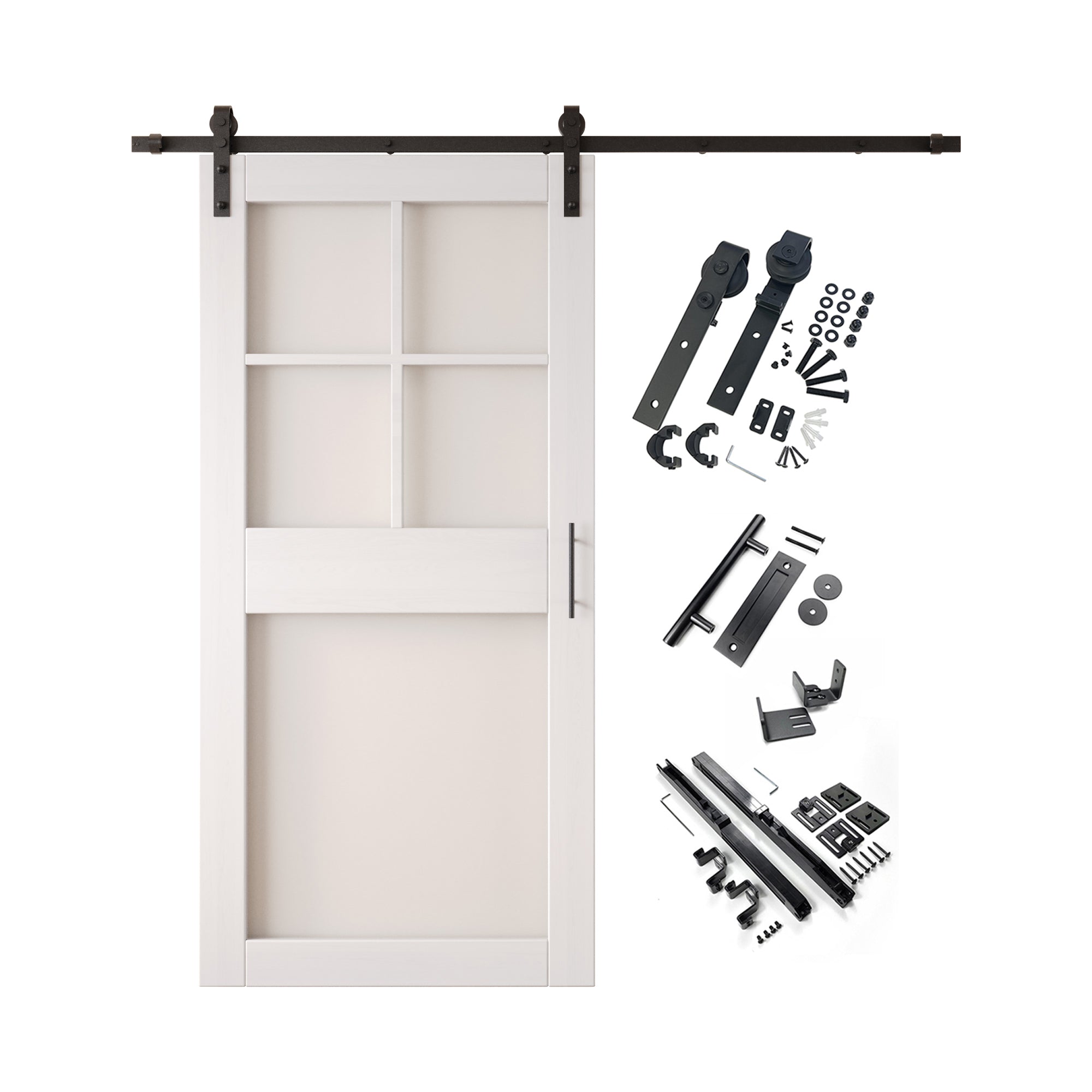 84" Height White 5-Lite Frosted Glass Unassembled & Finished Pine Wood Barn Door with Non-Bypass Installation Hardware Kit (Interior Use Only)
