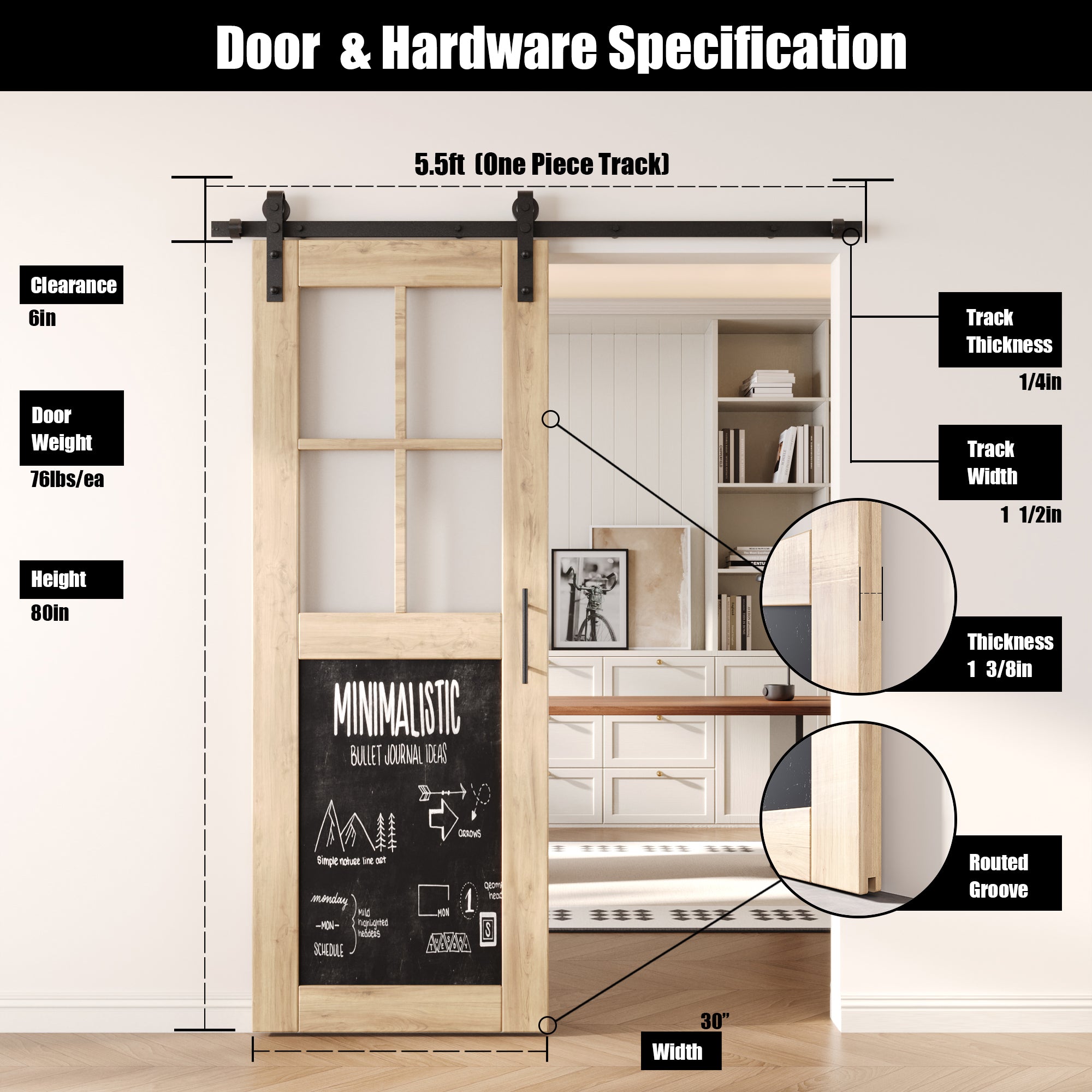 80" Height Half Lite Chalkboard Unassembled & Unfinished Pine Wood Barn Door with Non-Bypass Installation Hardware Kit (Interior Use Only)