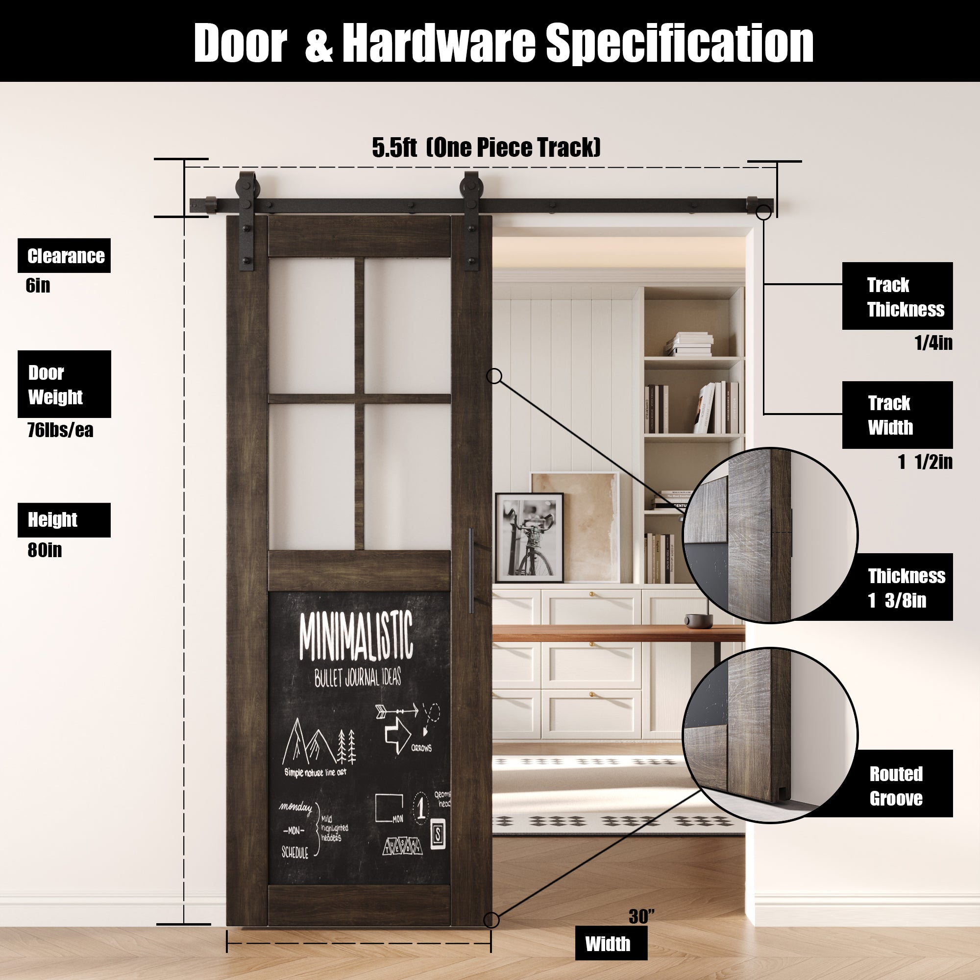 80" Height Ebony Half Lite Chalkboard Unassembled & Finished Pine Wood Barn Door with Non-Bypass Installation Hardware Kit (Interior Use Only)