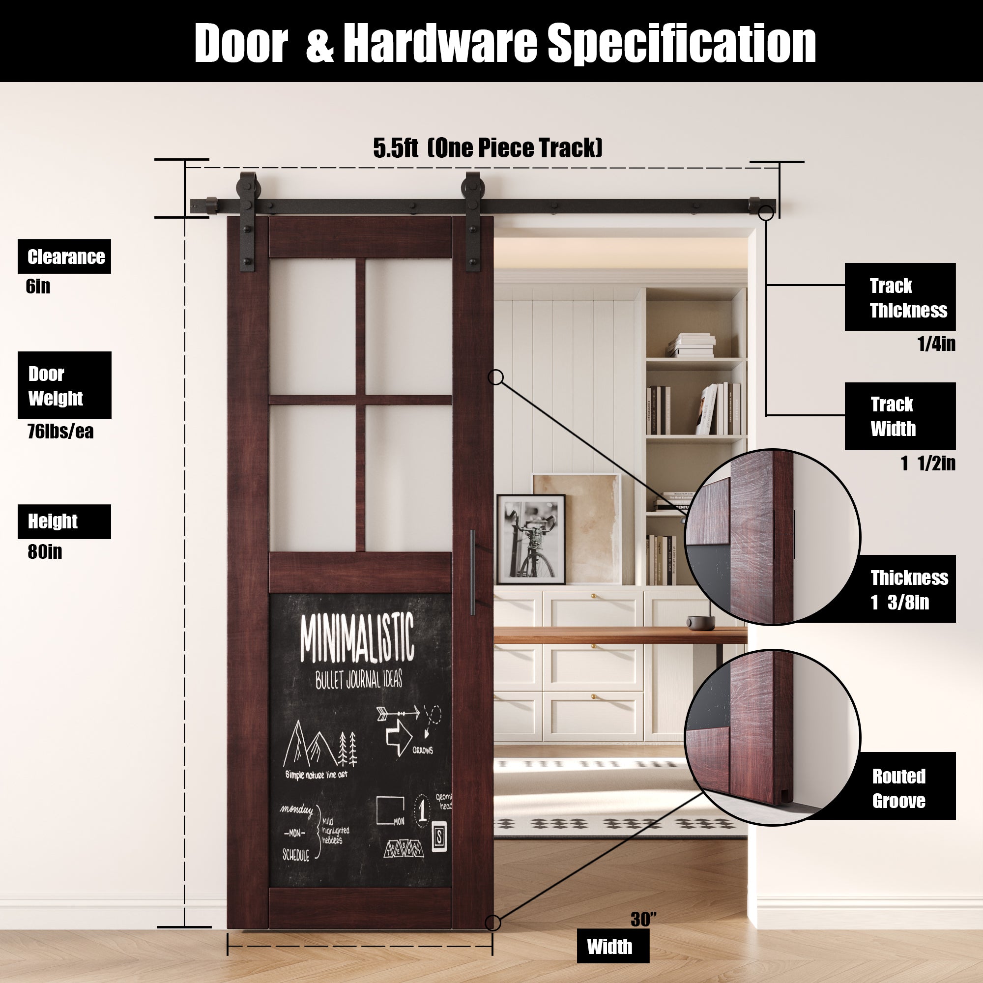 80" Height Red Mahogany Half Lite Chalkboard Unassembled & Finished Pine Wood Barn Door with Non-Bypass Installation Hardware Kit (Interior Use Only)