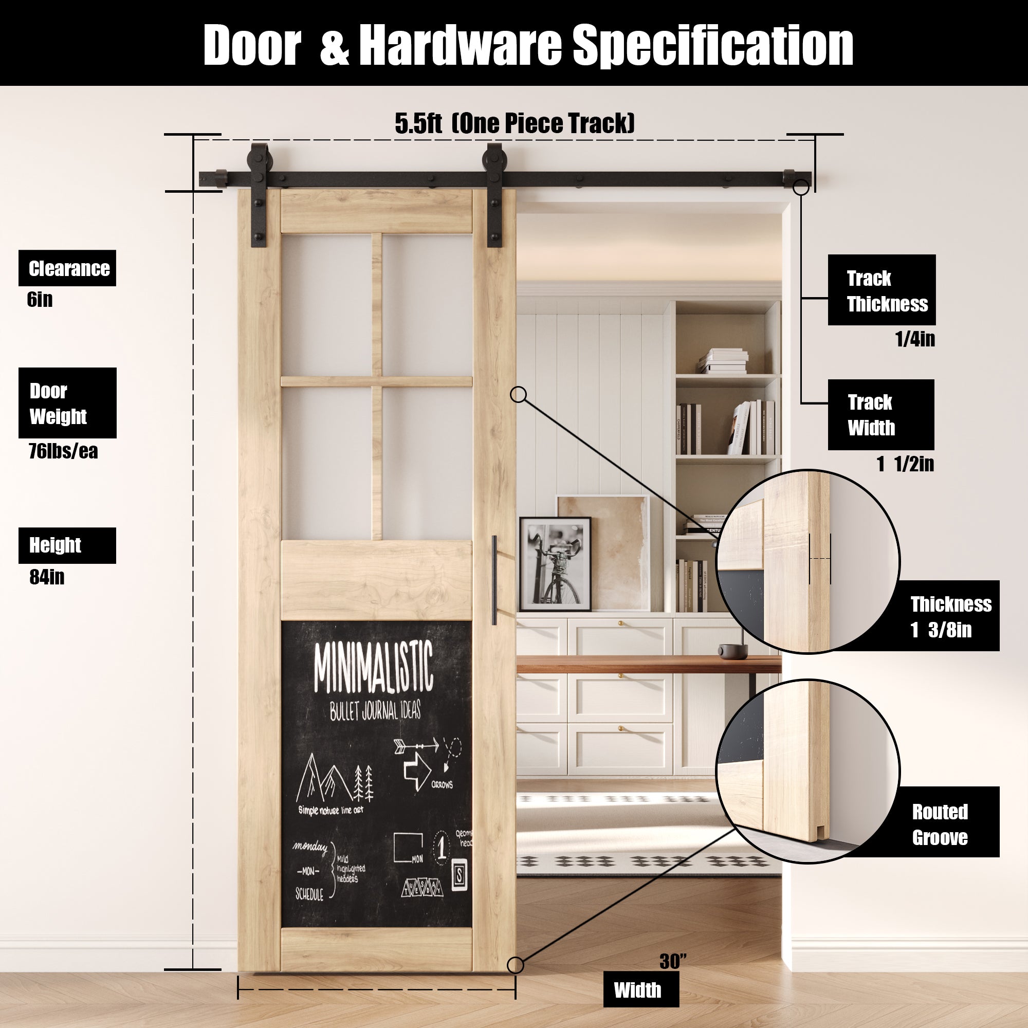 84" Height Half Lite Chalkboard Unassembled & Unfinished Pine Wood Barn Door with Non-Bypass Installation Hardware Kit (Interior Use Only)