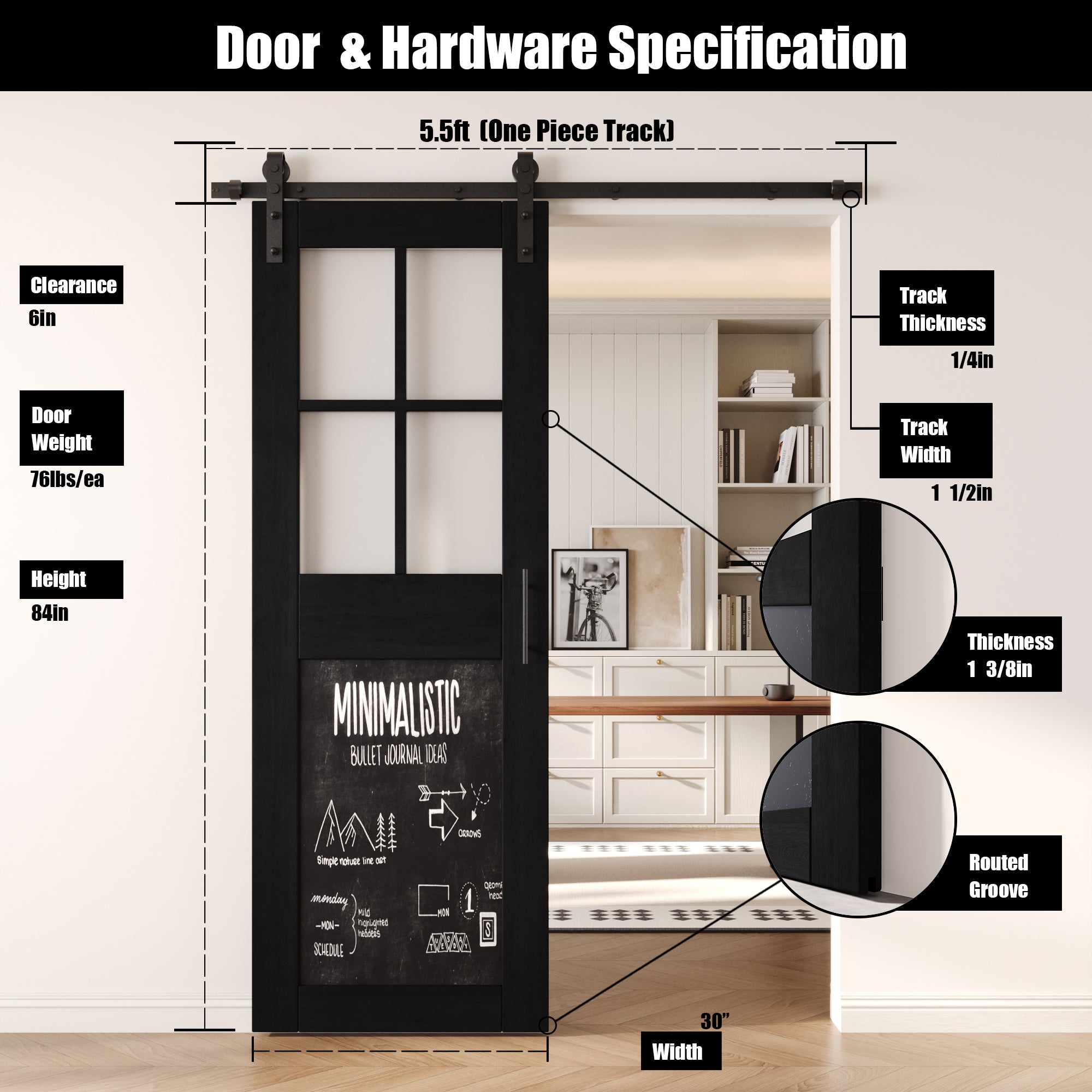 84" Height Black Half Lite Chalkboard Unassembled & Finished Pine Wood Barn Door with Non-Bypass Installation Hardware Kit (Interior Use Only)