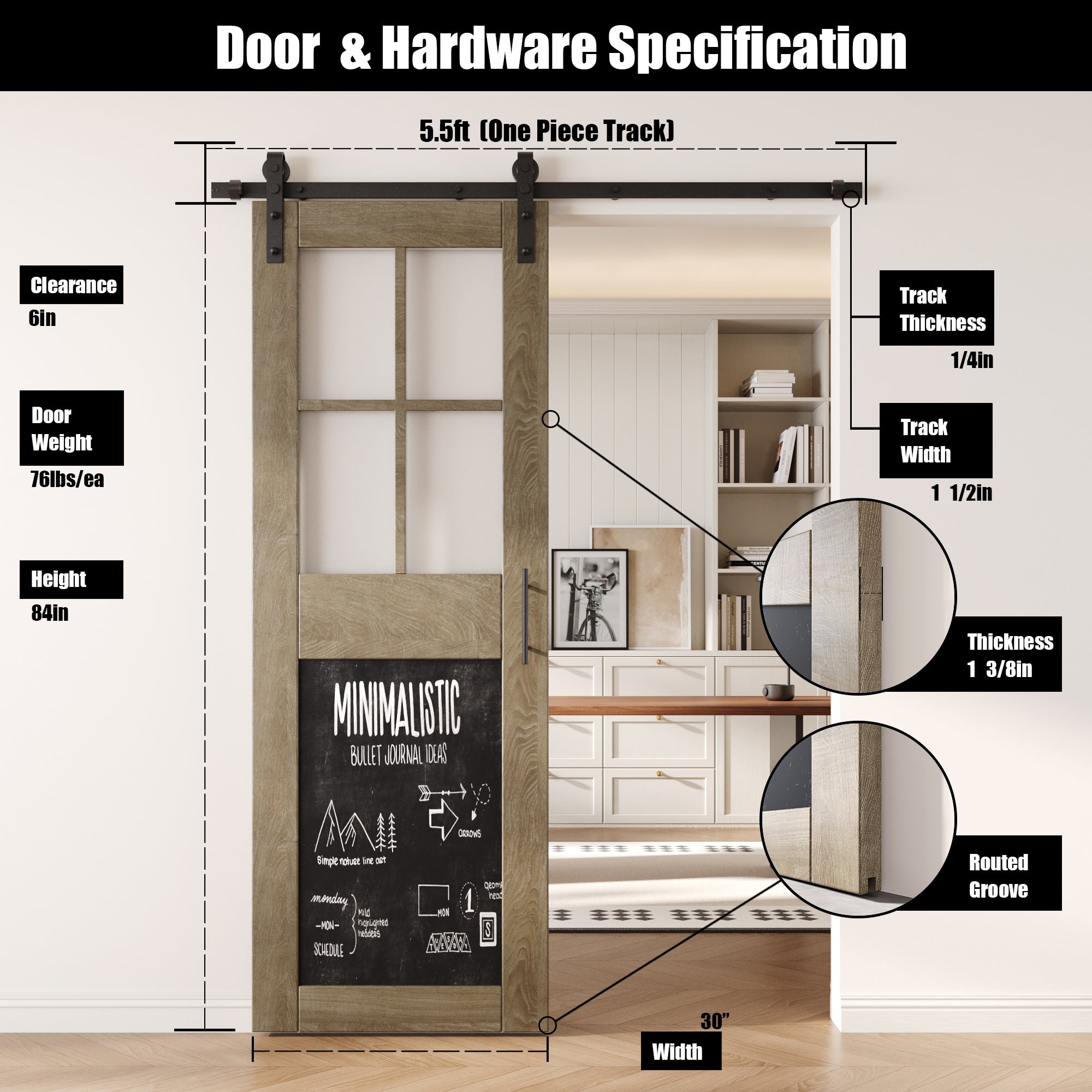 84" Height Classic Gray Half Lite Chalkboard Unassembled & Finished Pine Wood Barn Door with Non-Bypass Installation Hardware Kit (Interior Use Only)