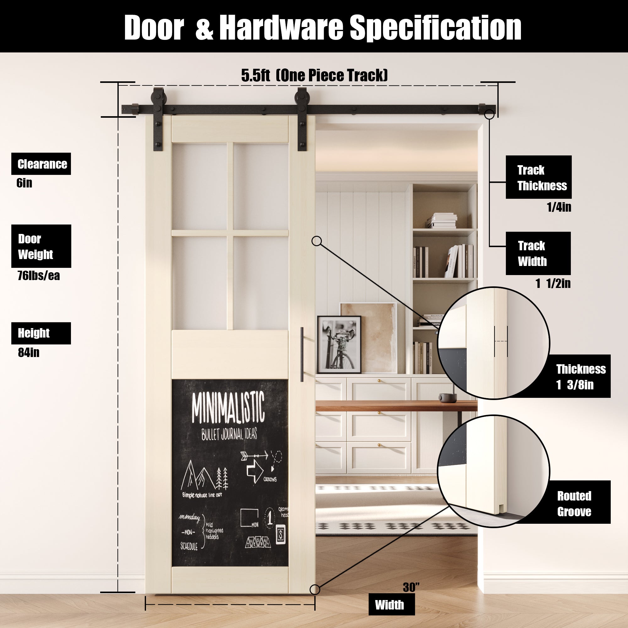 84" Height Tinsmith Gray Half Lite Chalkboard Unassembled & Finished Pine Wood Barn Door with Non-Bypass Installation Hardware Kit (Interior Use Only)