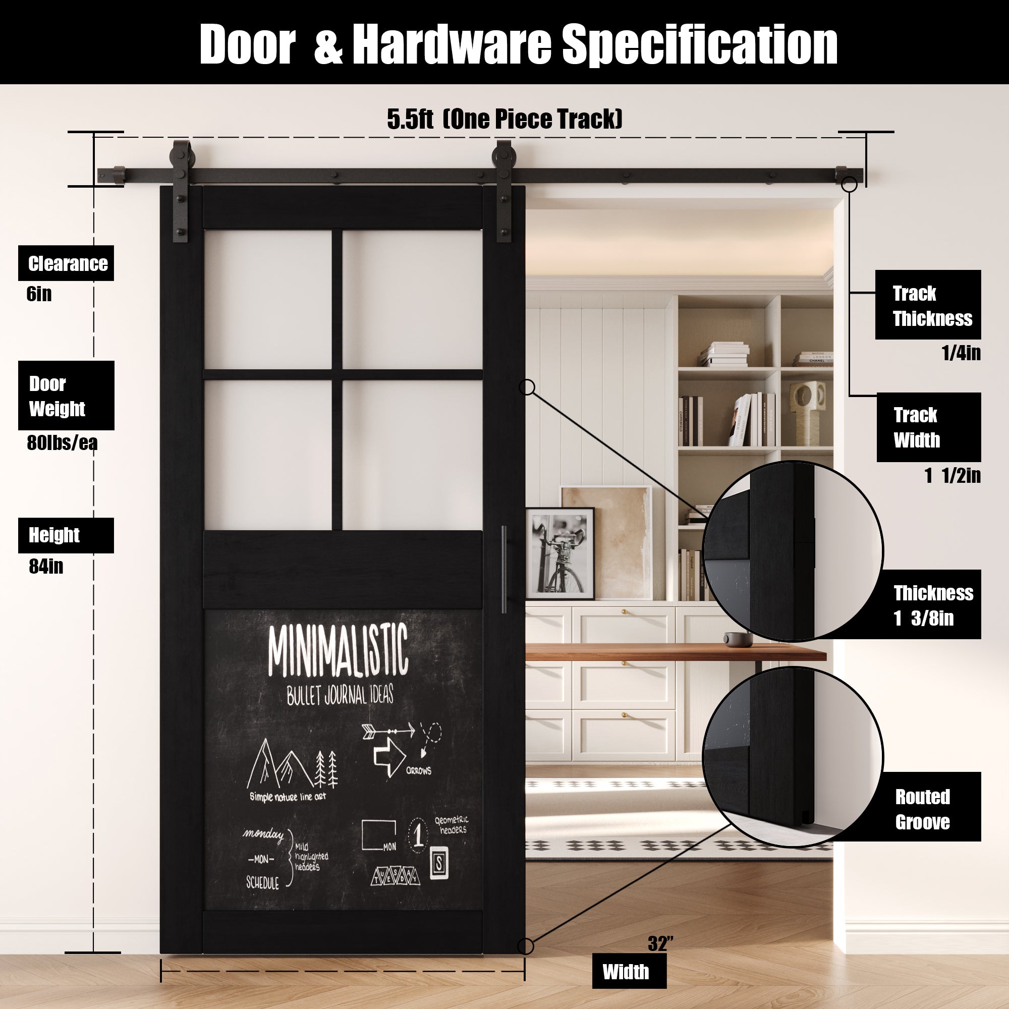 84" Height Black Half Lite Chalkboard Unassembled & Finished Pine Wood Barn Door with Non-Bypass Installation Hardware Kit (Interior Use Only)