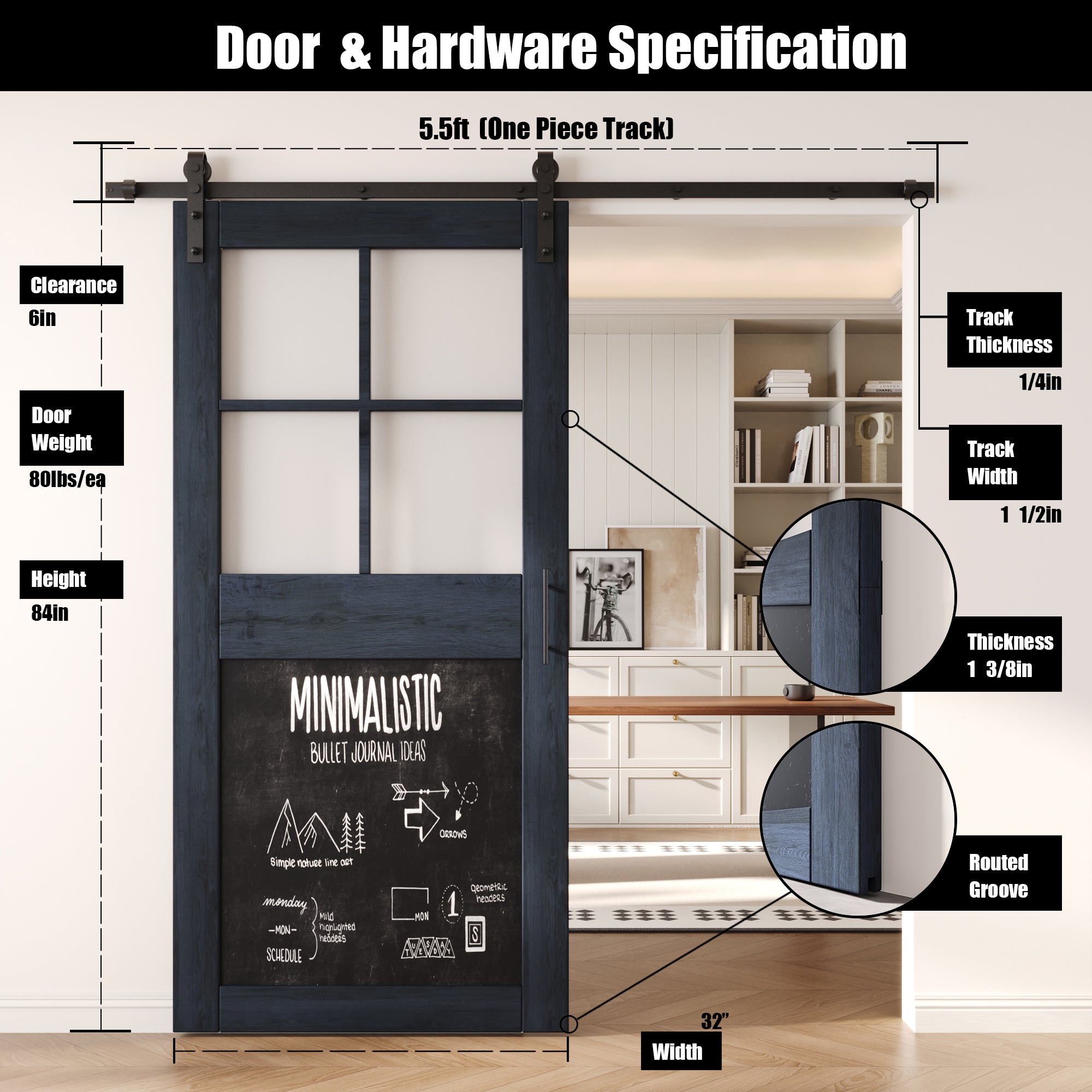 84" Height Navy Half Lite Chalkboard Unassembled & Finished Pine Wood Barn Door with Non-Bypass Installation Hardware Kit (Interior Use Only)