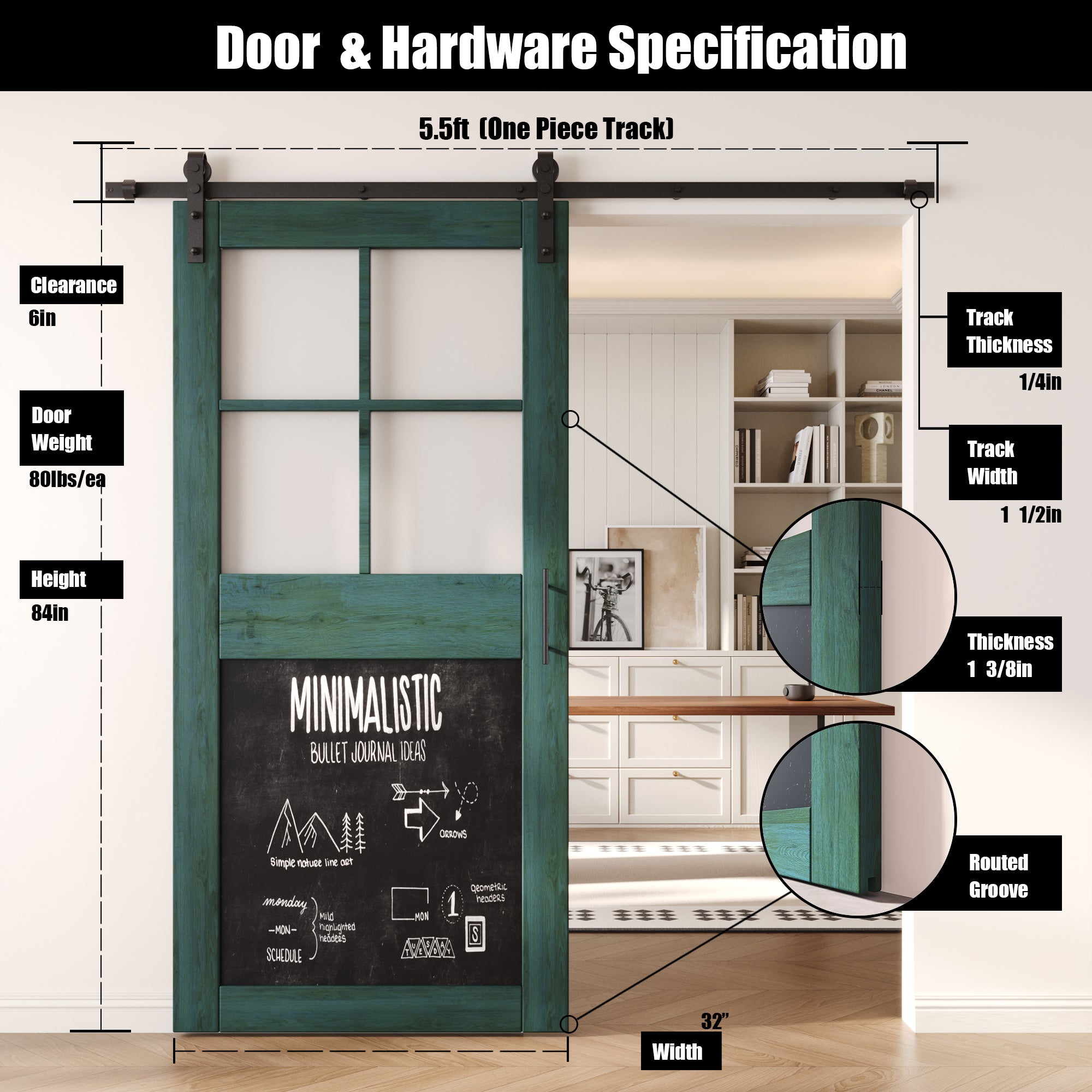 84" Height Royal Pine Half Lite Chalkboard Unassembled & Finished Pine Wood Barn Door with Non-Bypass Installation Hardware Kit (Interior Use Only)