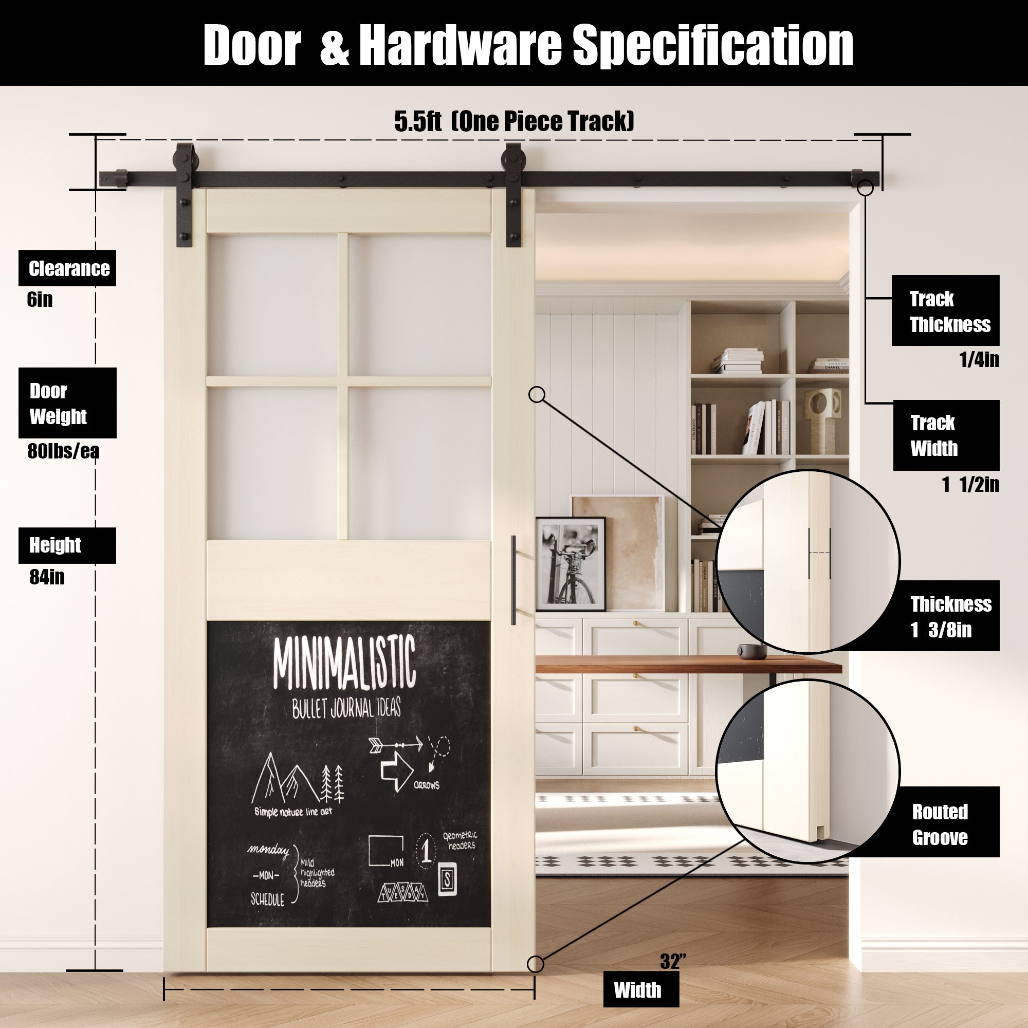 84" Height Tinsmith Gray Half Lite Chalkboard Unassembled & Finished Pine Wood Barn Door with Non-Bypass Installation Hardware Kit (Interior Use Only)
