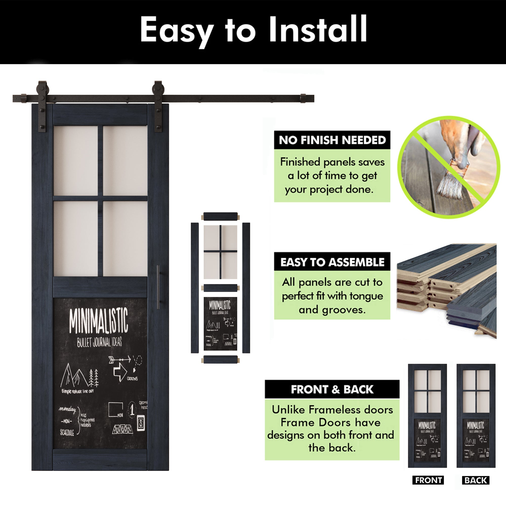 80" Height Navy Half Lite Chalkboard Unassembled & Finished Pine Wood Barn Door with Non-Bypass Installation Hardware Kit (Interior Use Only)