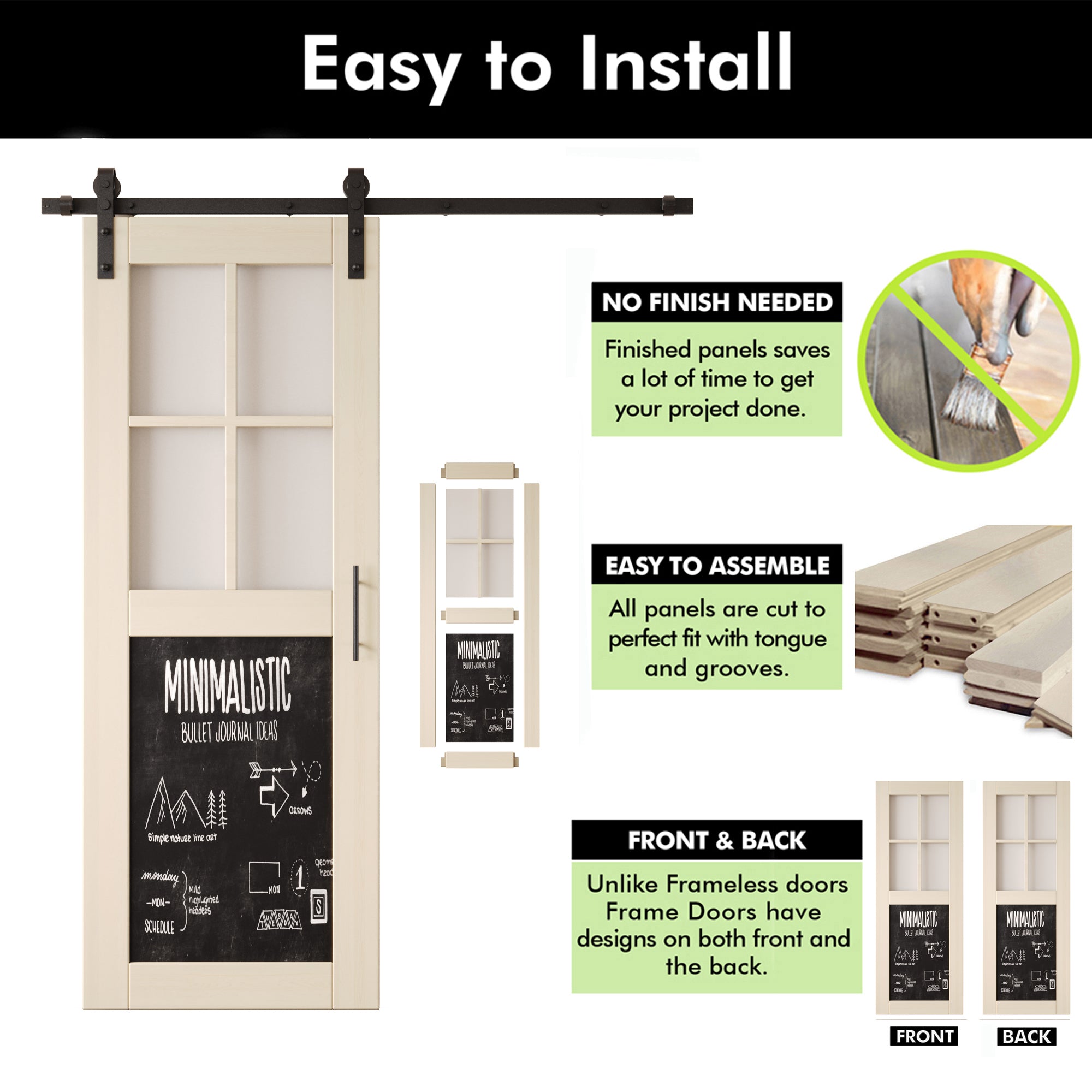 80" Height Tinsmith Gray Half Lite Chalkboard Unassembled & Finished Pine Wood Barn Door with Non-Bypass Installation Hardware Kit (Interior Use Only)