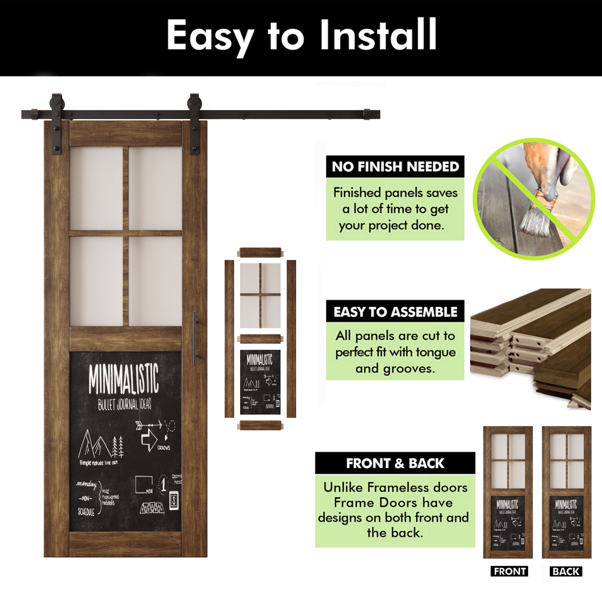 80" Height Dark Walnut Half Lite Chalkboard Unassembled & Finished Pine Wood Barn Door with Non-Bypass Installation Hardware Kit (Interior Use Only)