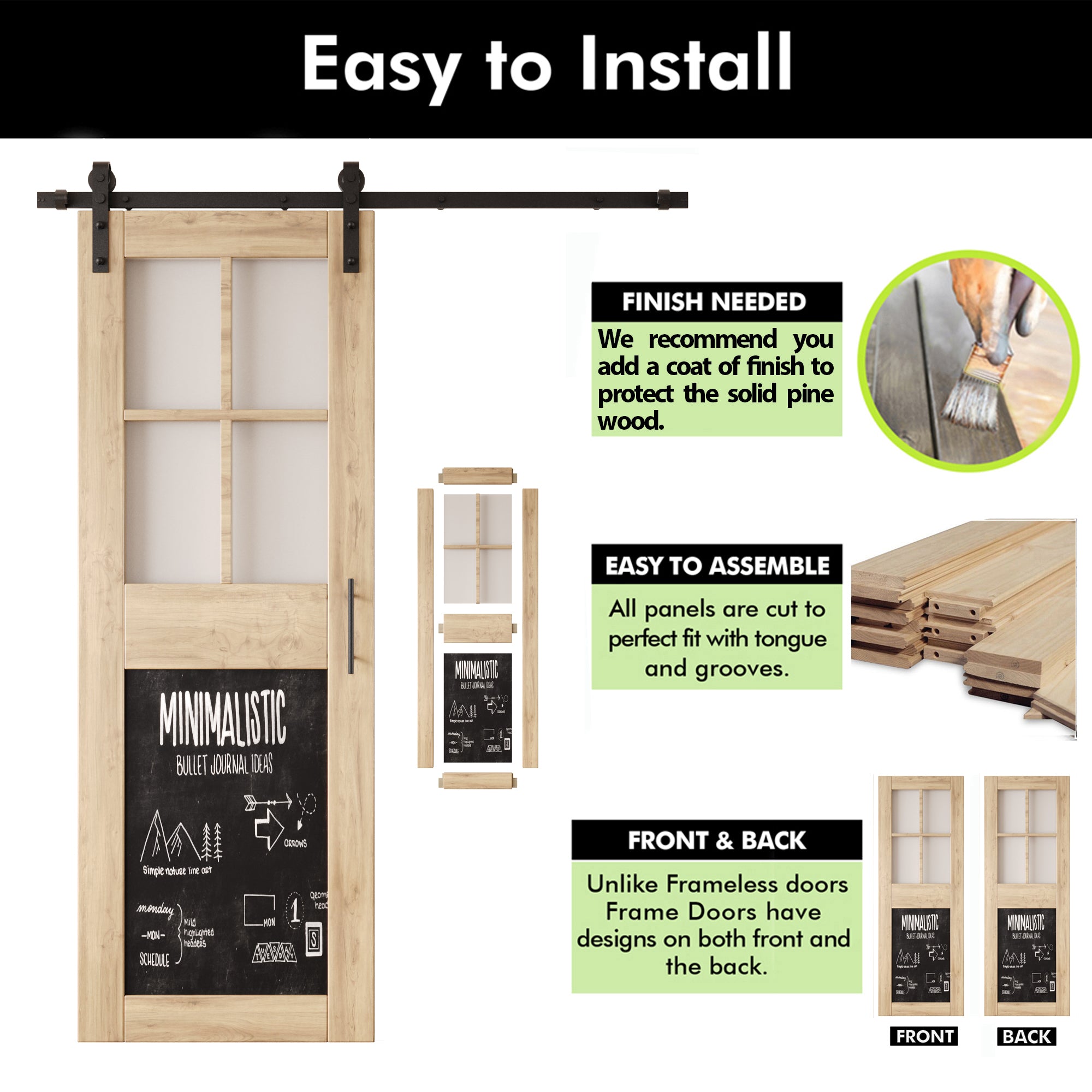 84" Height Half Lite Chalkboard Unassembled & Unfinished Pine Wood Barn Door with Non-Bypass Installation Hardware Kit (Interior Use Only)