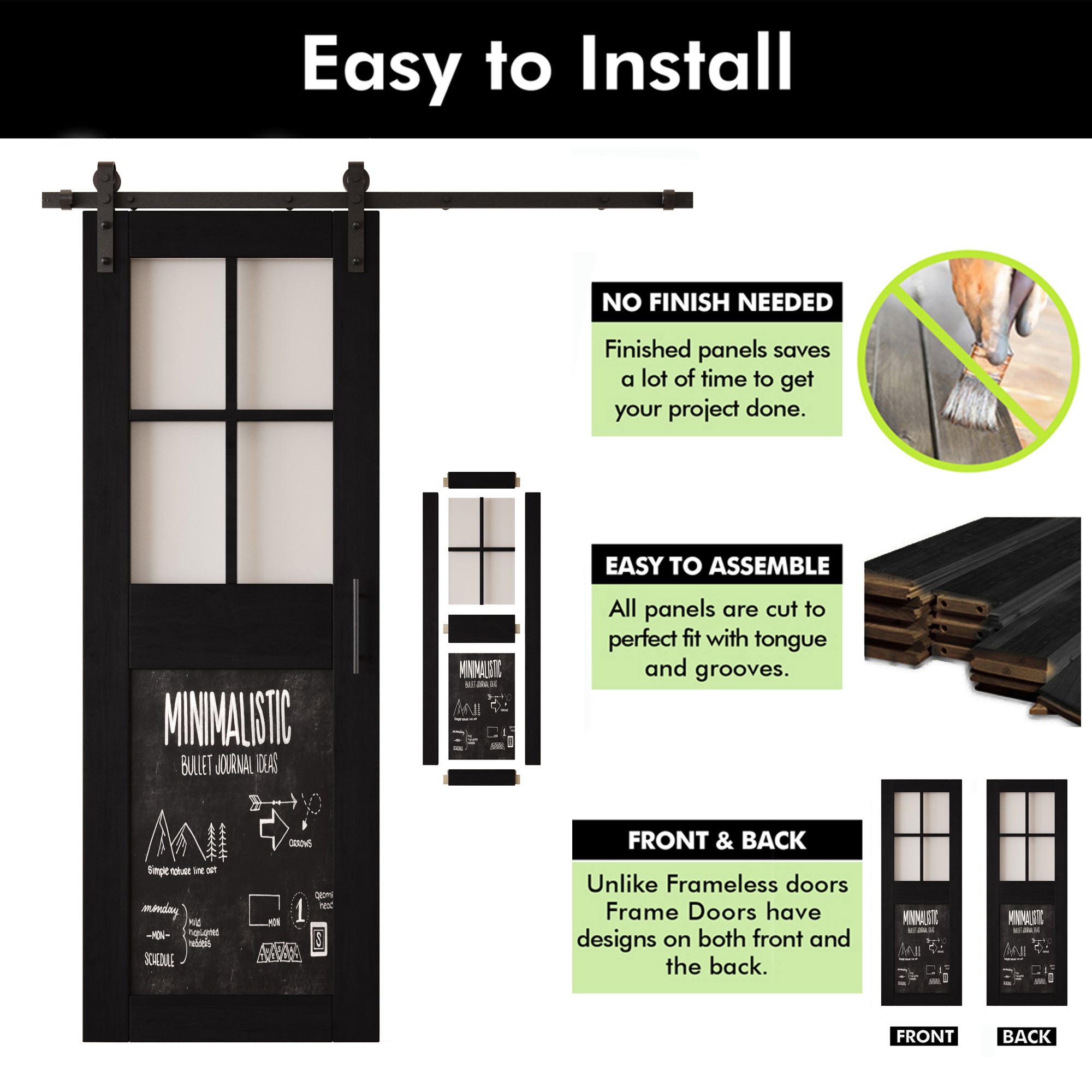 84" Height Black Half Lite Chalkboard Unassembled & Finished Pine Wood Barn Door with Non-Bypass Installation Hardware Kit (Interior Use Only)