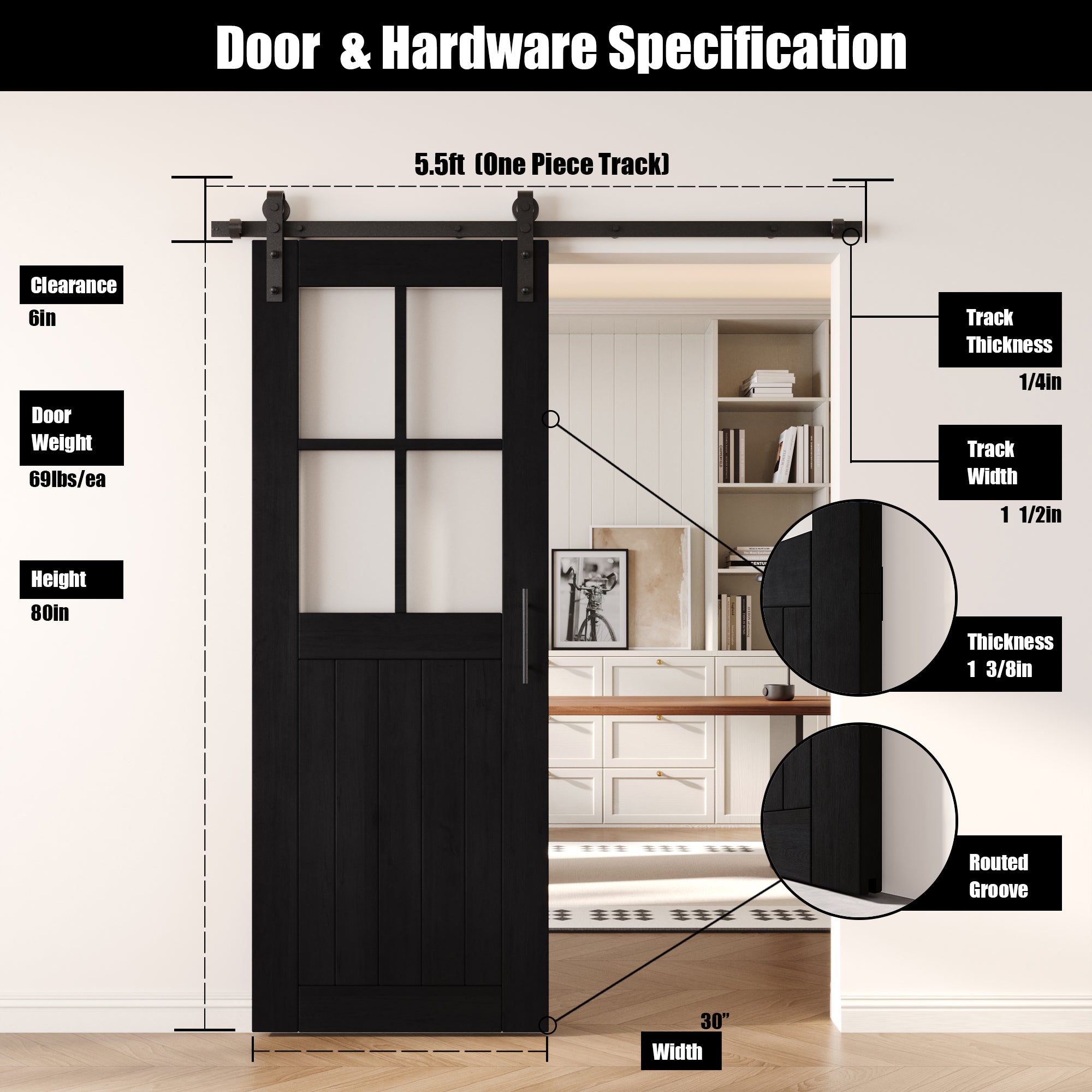 80" Height Black Half Lite Grid Glass Unassembled & Finished Pine Wood Barn Door with Non-Bypass Installation Hardware Kit (Interior Use Only)