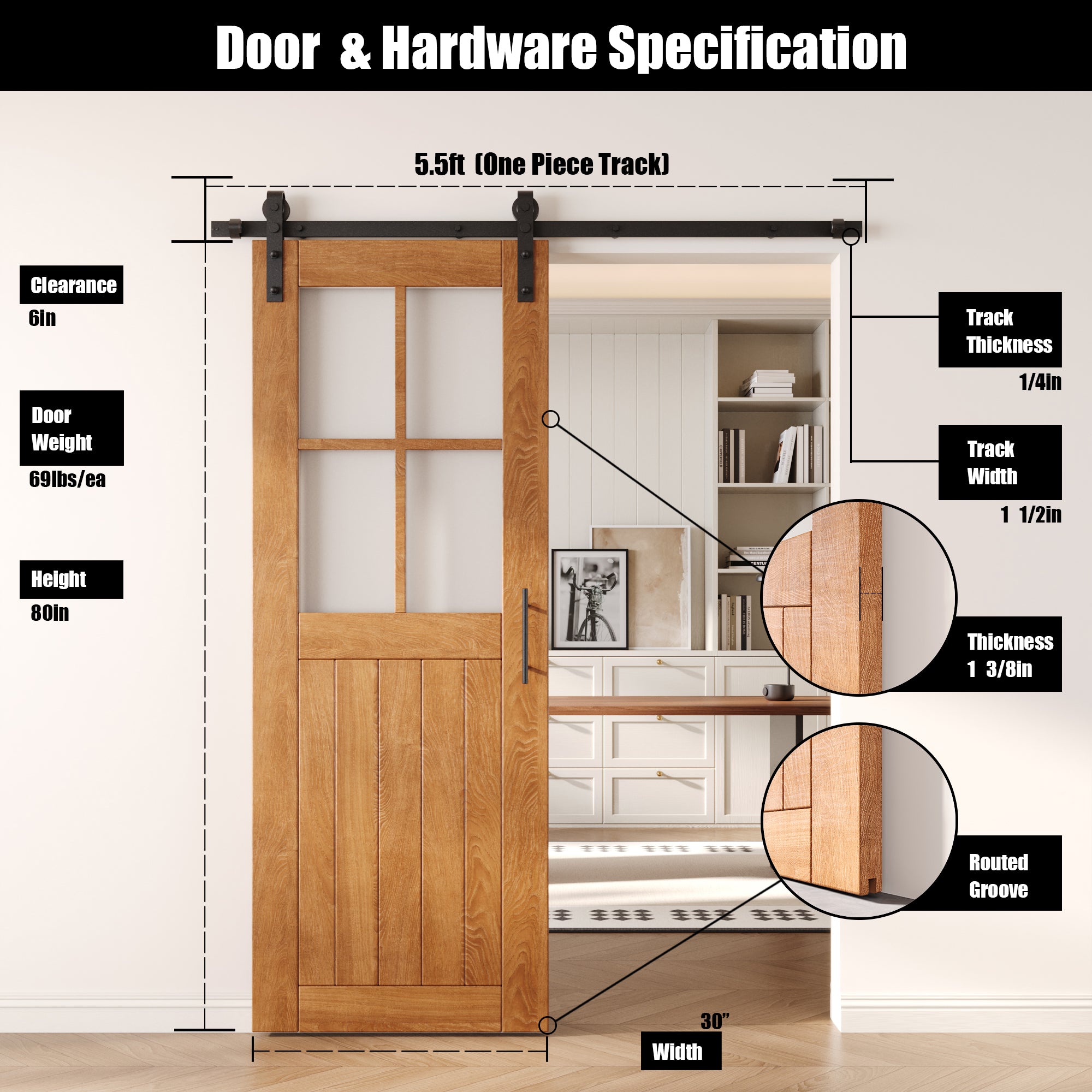 80" Height Early American Half Lite Grid Glass Unassembled & Finished Pine Wood Barn Door with Non-Bypass Installation Hardware Kit (Interior Use Only)