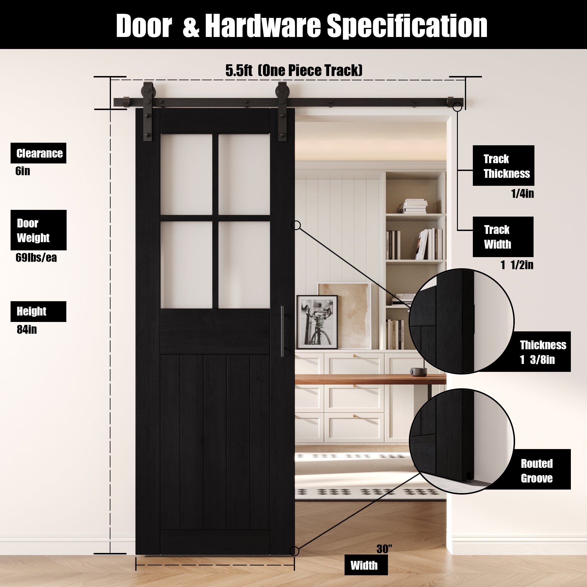 84" Height Black Half Lite Grid Glass Unassembled & Finished Pine Wood Barn Door with Non-Bypass Installation Hardware Kit (Interior Use Only)