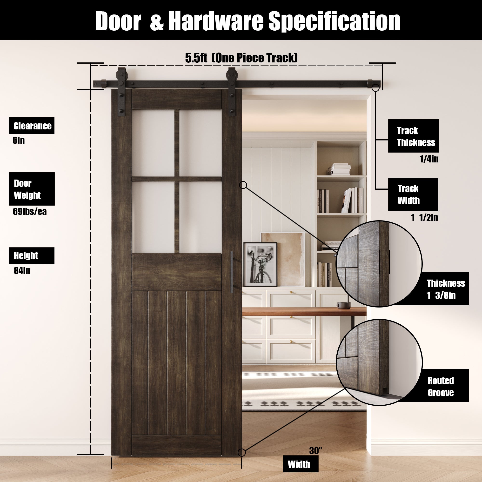 84" Height Ebony Half Lite Grid Glass Unassembled & Finished Pine Wood Barn Door with Non-Bypass Installation Hardware Kit (Interior Use Only)