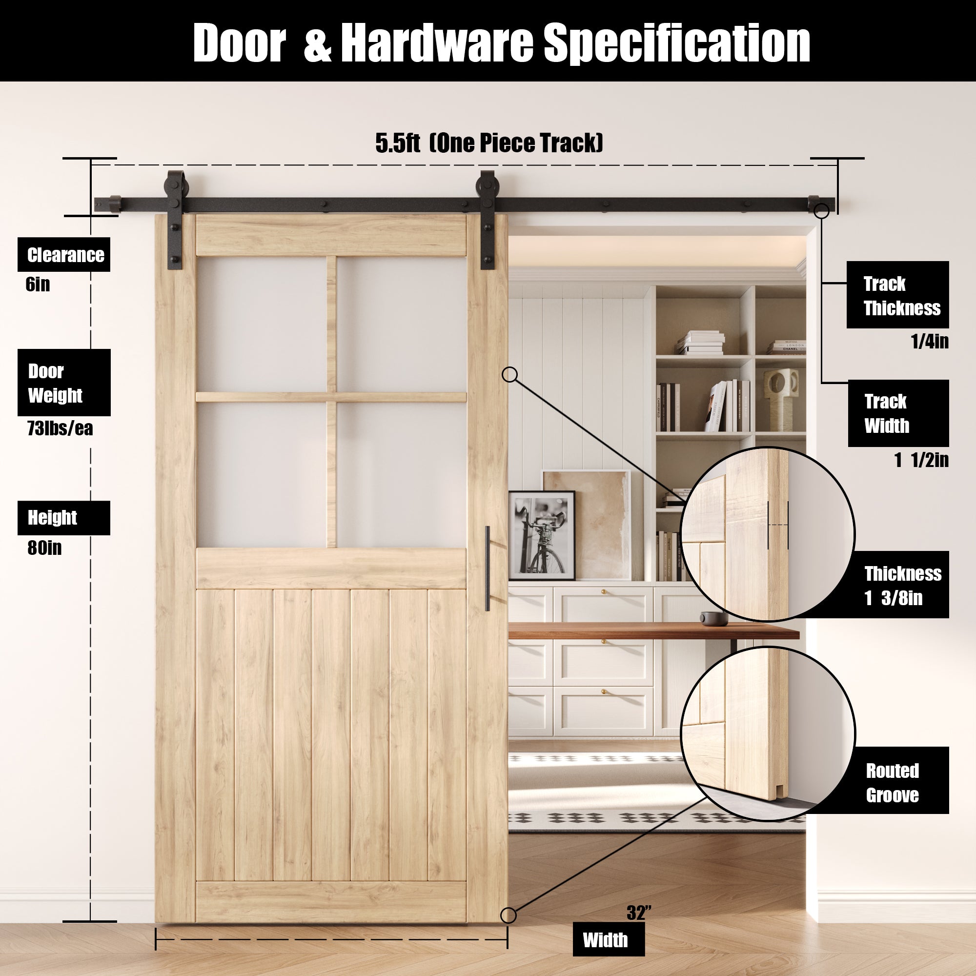 80" Height Half Lite Grid Glass Unassembled & Unfinished Pine Wood Barn Door with Non-Bypass Installation Hardware Kit (Interior Use Only)