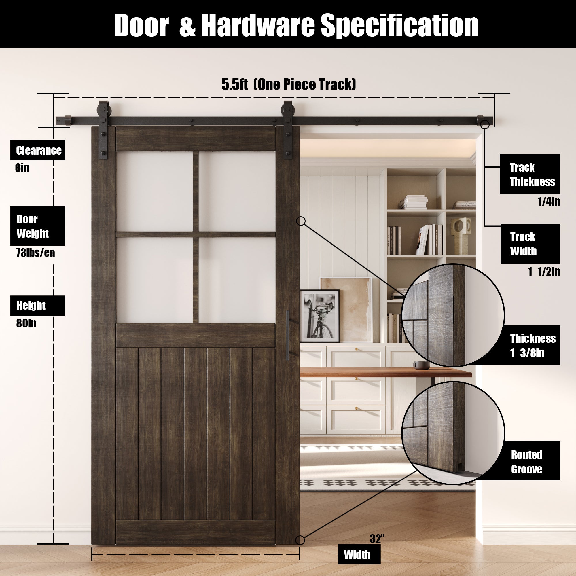 80" Height Ebony Half Lite Grid Glass Unassembled & Finished Pine Wood Barn Door with Non-Bypass Installation Hardware Kit (Interior Use Only)