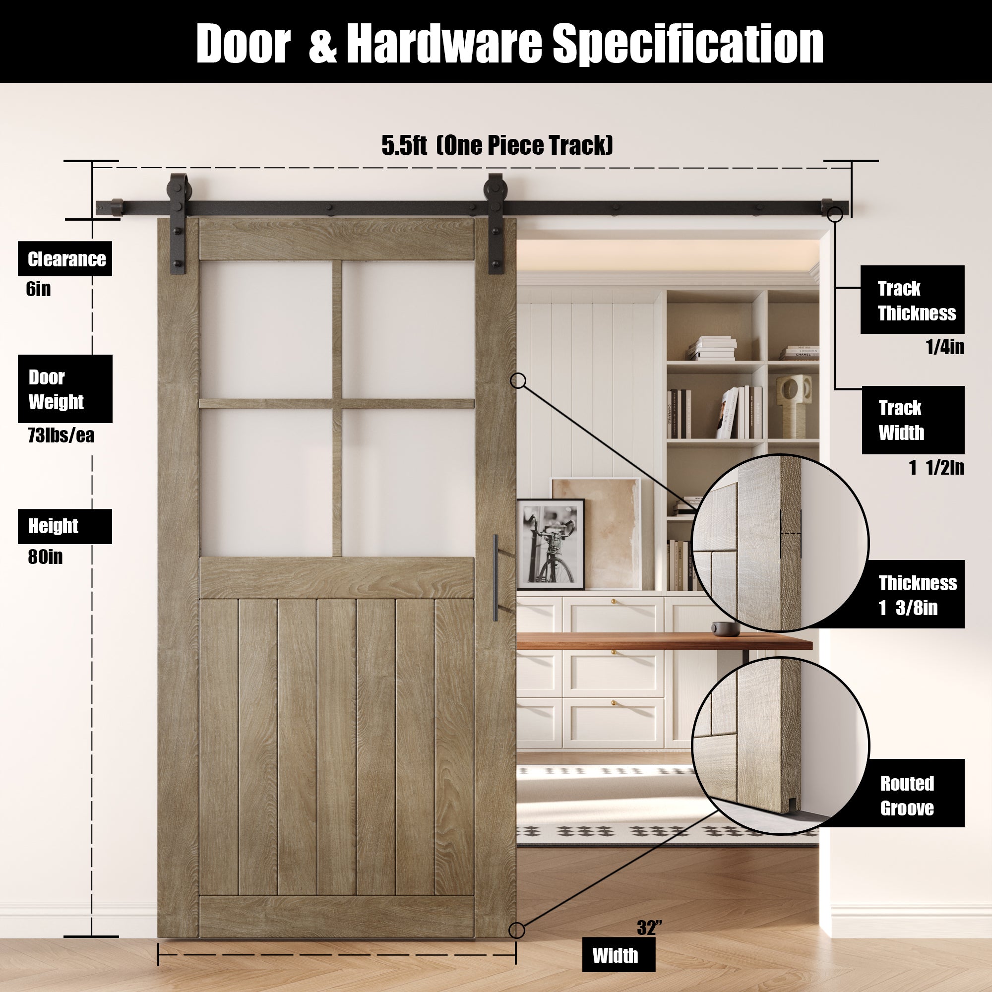 80" Height Classic Gray Half Lite Grid Glass Unassembled & Finished Pine Wood Barn Door with Non-Bypass Installation Hardware Kit (Interior Use Only)