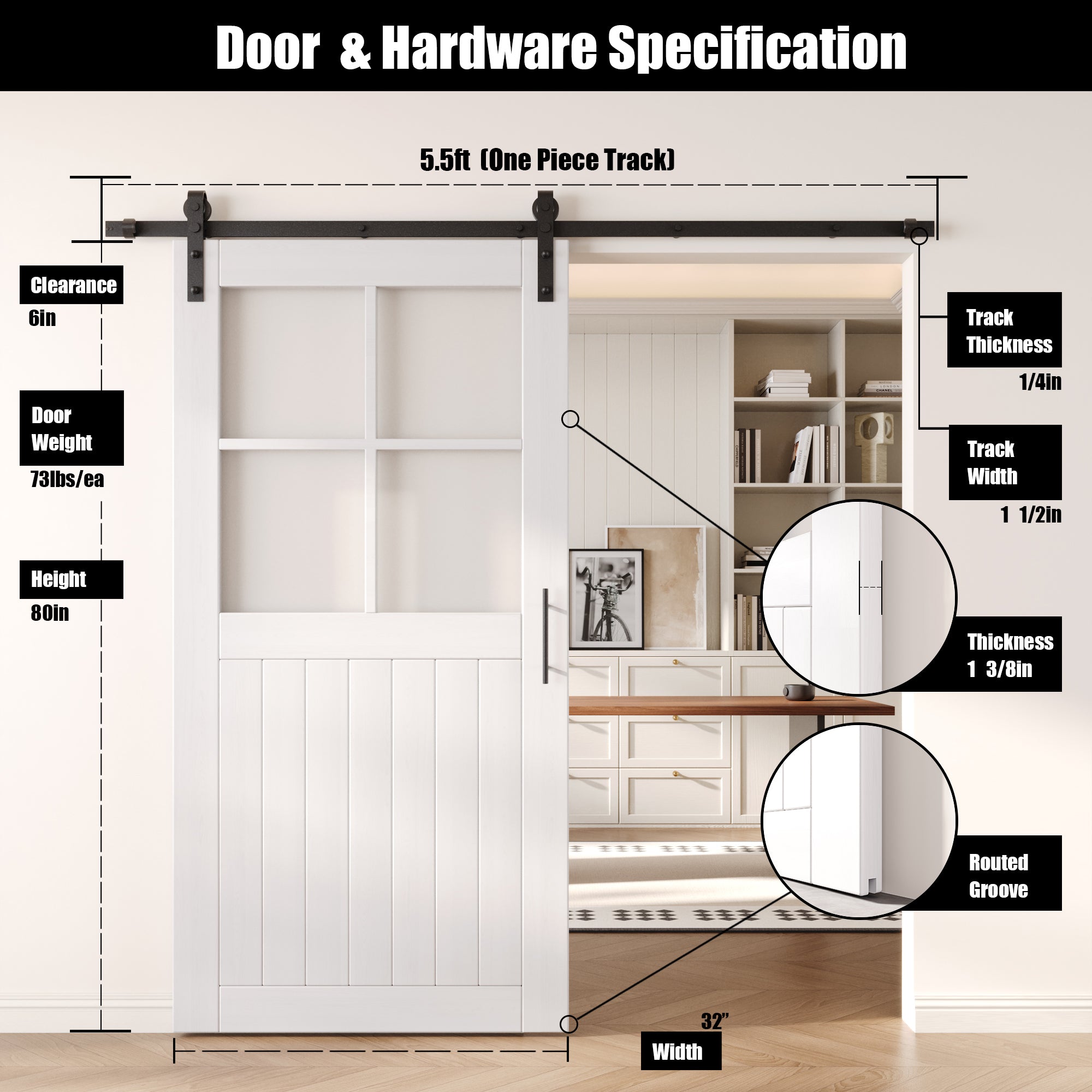 80" Height White Half Lite Grid Glass Unassembled & Finished Pine Wood Barn Door with Non-Bypass Installation Hardware Kit (Interior Use Only)