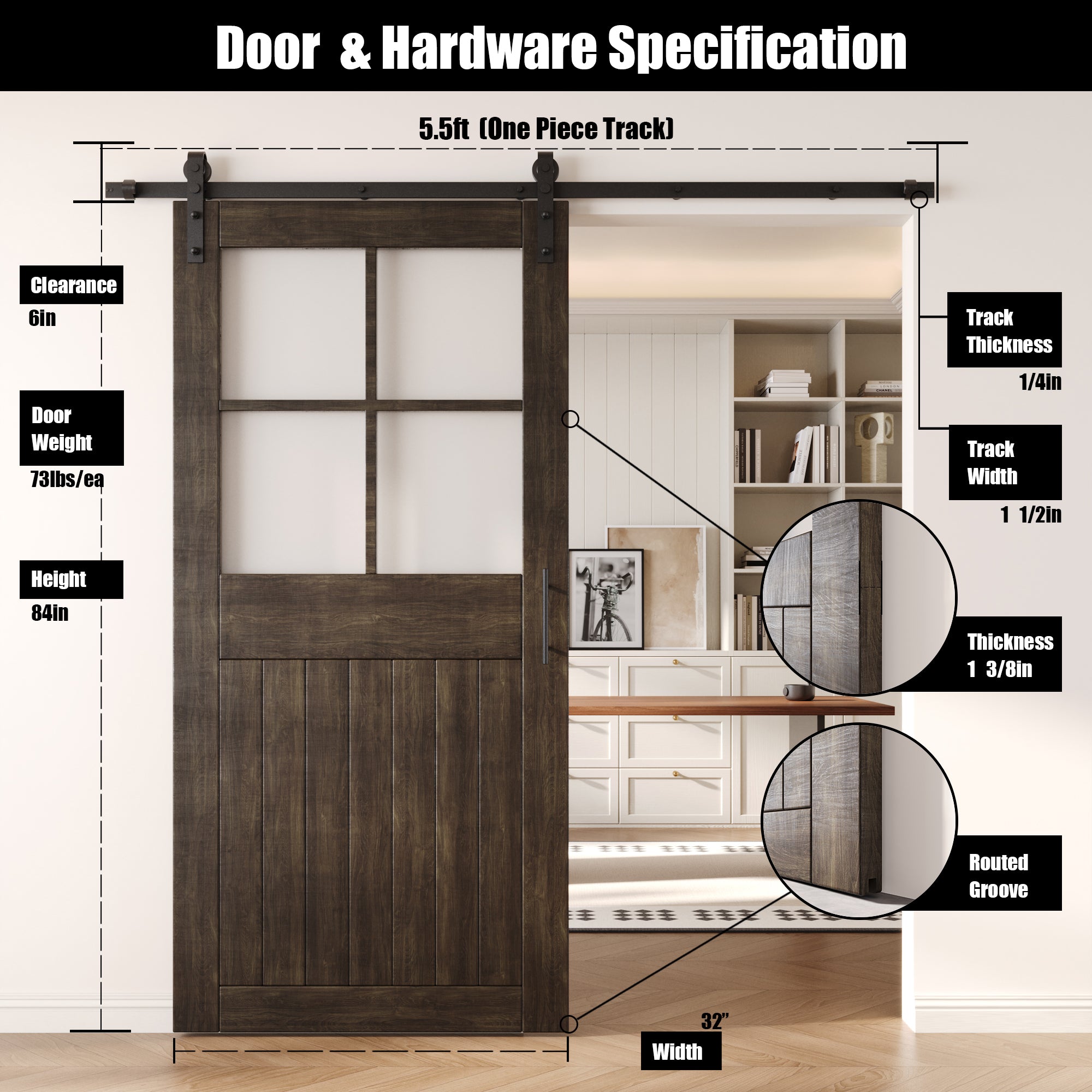 84" Height Ebony Half Lite Grid Glass Unassembled & Finished Pine Wood Barn Door with Non-Bypass Installation Hardware Kit (Interior Use Only)