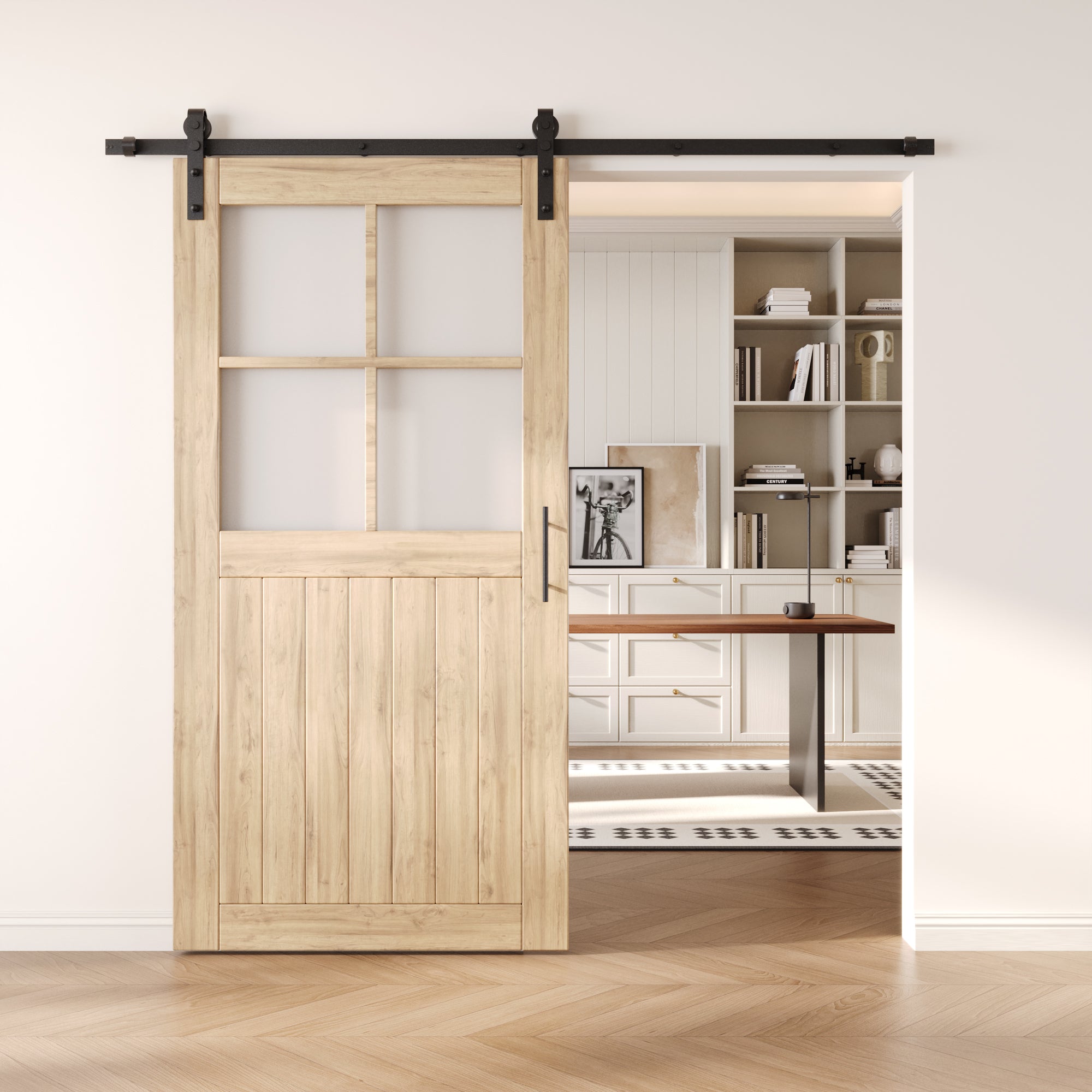 80" Height Half Lite Grid Glass Unassembled & Unfinished Pine Wood Barn Door with Non-Bypass Installation Hardware Kit (Interior Use Only)